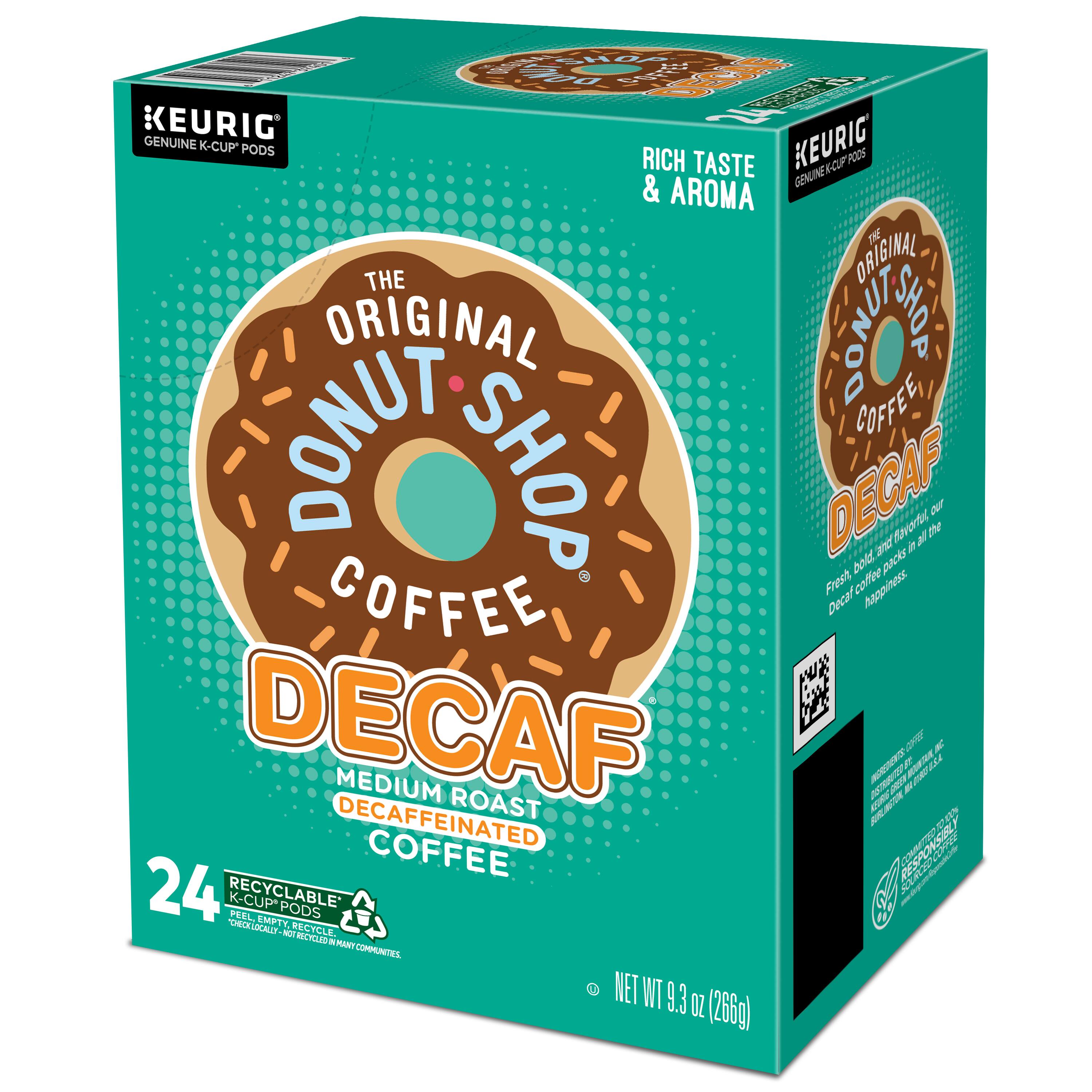 The Original Donut Shop Decaf Coffee is a medium roast decaffeinated coffee that comes in a 24-pack box. The box is made of recyclable materials and has a peel-off label for easy disposal. The coffee is rich in taste and aroma, making it a popular choice for coffee lovers who prefer a decaffeinated option.
