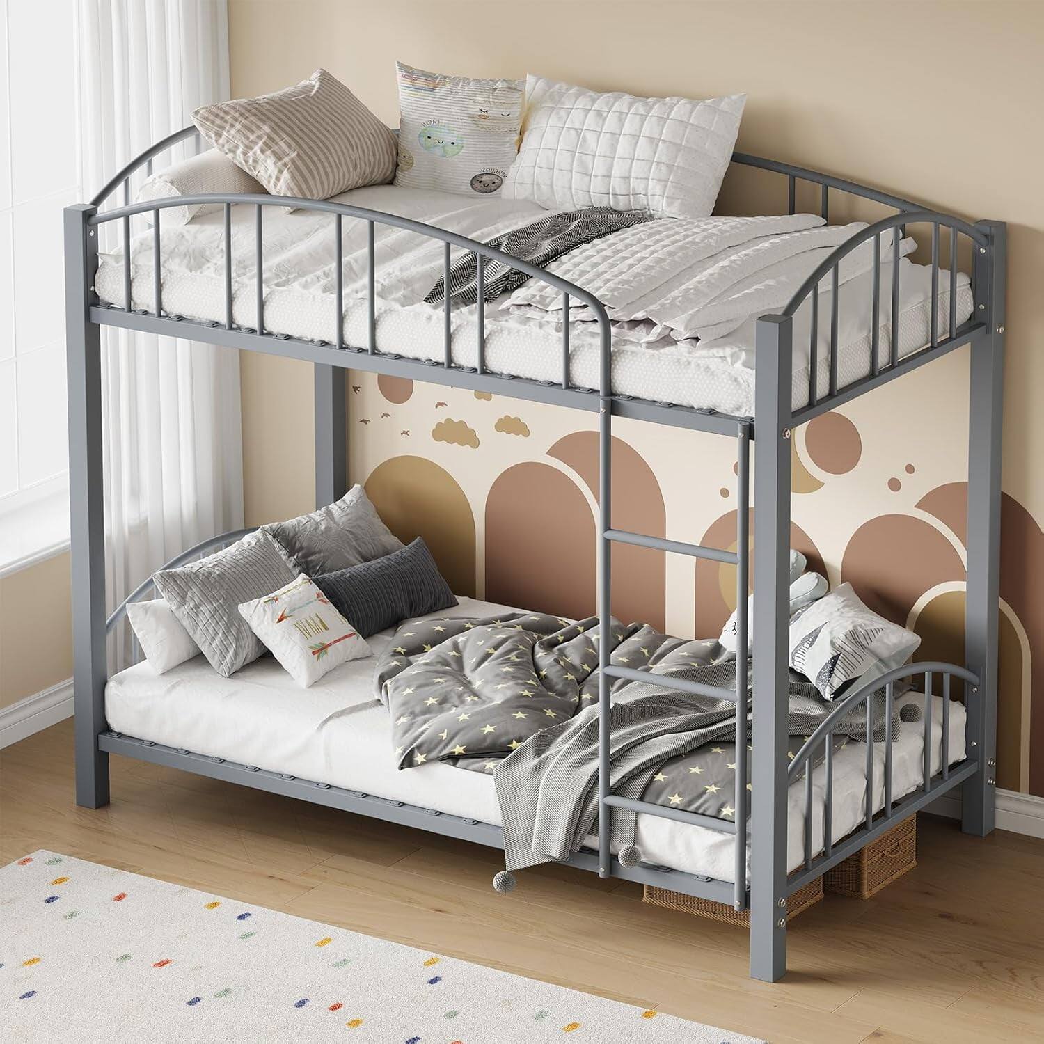 Back. GARVEE - Metal Bunk Bed Twin Over Twin Gray Heavy Duty Frame Safety Ladder Arched Guardrail - Gray Twin.