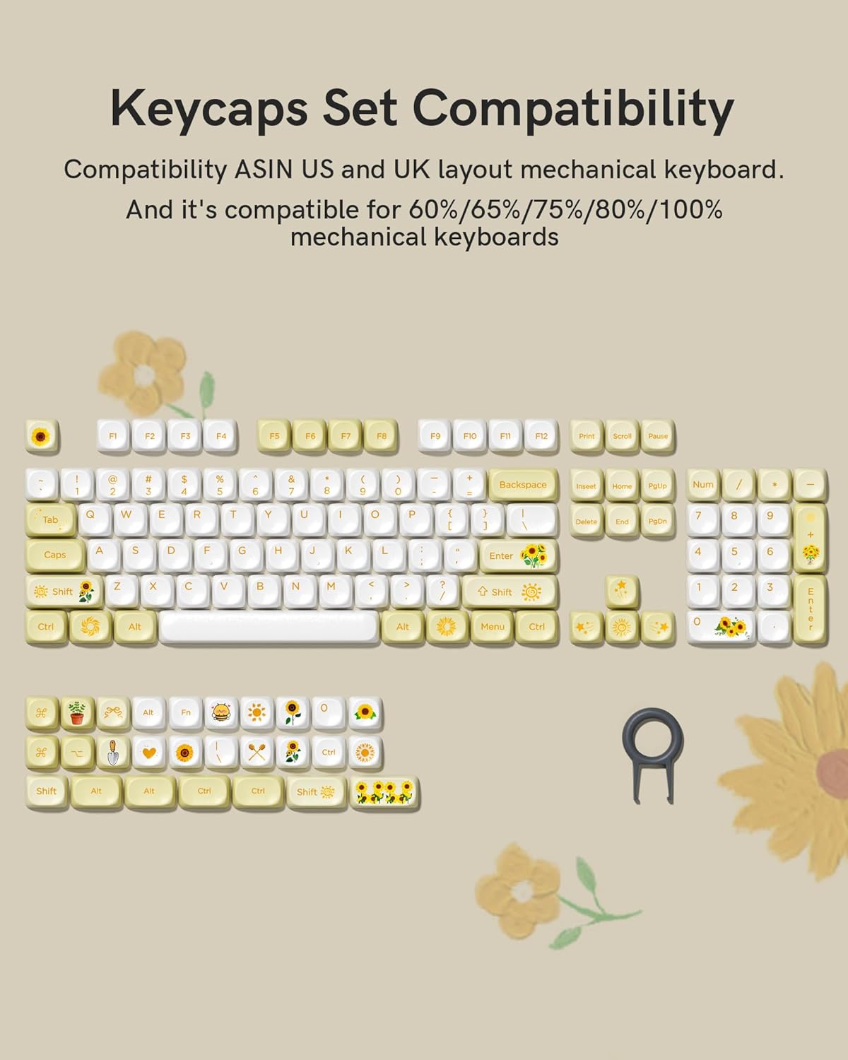 Keycaps Set Compatibility  
Compatibility ASIN US and UK layout mechanical keyboard.  
And it's compatible for 60%/65%/75%/80%/100% mechanical keyboards  

F1 F2 F3 F4 F5 F6 F7 F8 F9 F10 F11 F12  
Print Scrot Pause  

1 2 3 4 5 6 7 8 9 0  
! @ # $ % ^ & * ( ) - +  
Backspace  

Q W E R T Y U I O P  
A S D F G H J K L  
Caps  
Z X C V B N M  
Shift  

Tab  
Caps  
Shift  
Enter  
Delete  
Insert  
Home  
PgUp  
Num / * -  
PgDn  
End  
Enter  

Ctrl  
Alt  
Fn  
Alt  
Menu  
Ctrl  
Shift  
Ctrl  
Shift