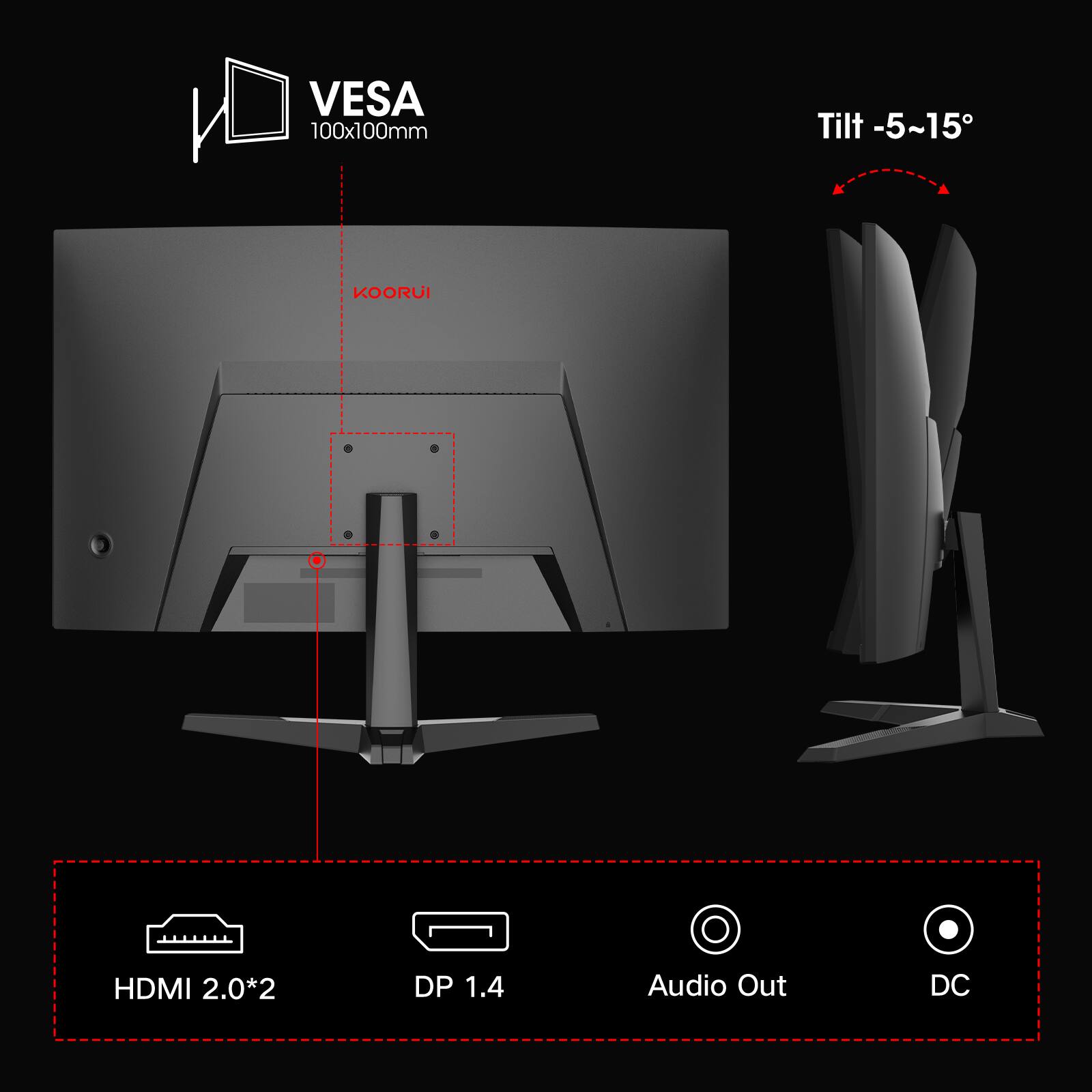 VESA 100x100mm, Tilt -5~15°, KOORUI, HDMI 2.0*2, DP 1.4, Audio Out, DC