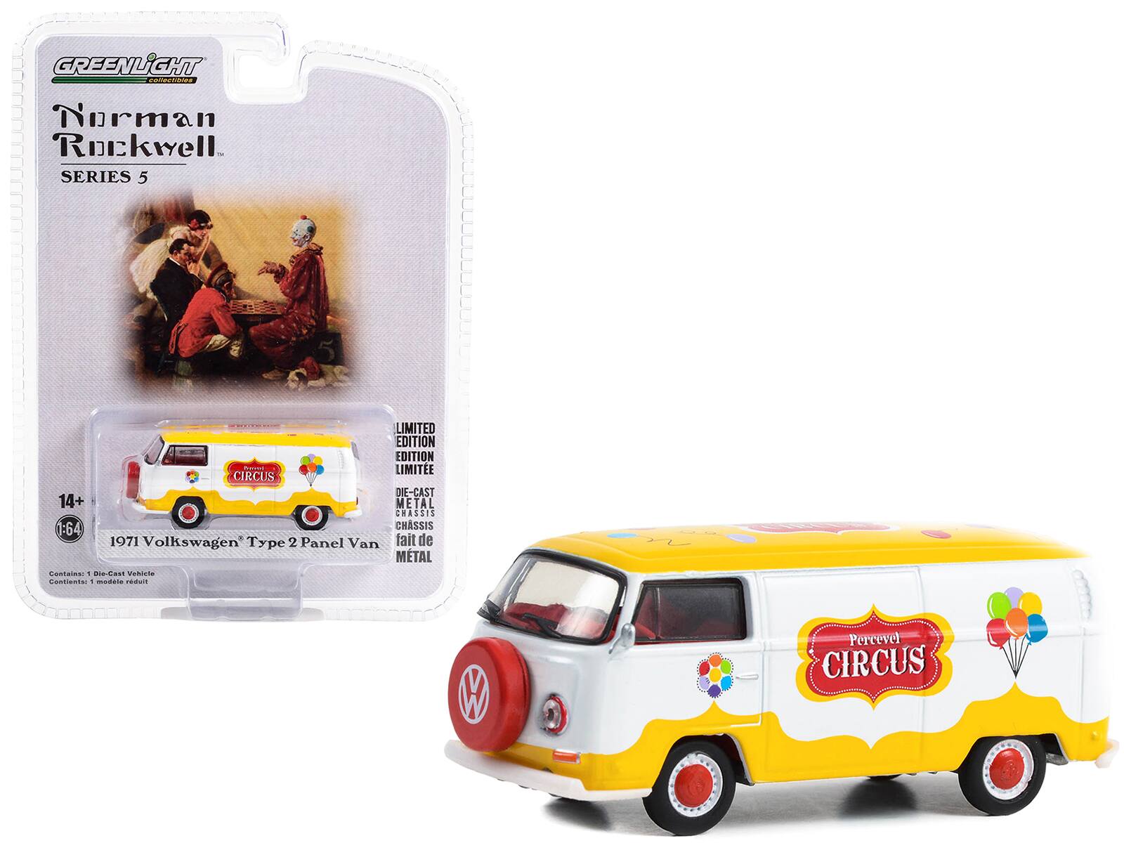 GREENLiGHT collectibles  
Norman Rockwell  
SERIES 5  

LIMITED EDITION  
EDITION LIMITÉE  

DIE-CAST  
DIE-CAST  
CHASSIS  
CHASSIS  
fait de METAL  

14+  
1:64  

1971 Volkswagen® Type 2 Panel Van  
Contains: 1 Die-Cast Vehicle  
Contient: 1 modèle réduit  

Porcel CIRCUS