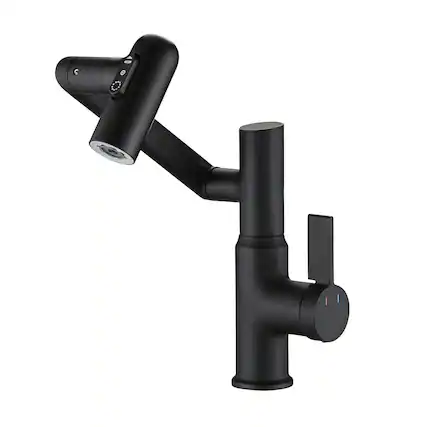 Front. Meqiodas - Bathroom Sink Faucet with Spray Function, Temperature Display, Anti-Slip Switch, Hot & Cold Controls, and 360° Swivel - Black.