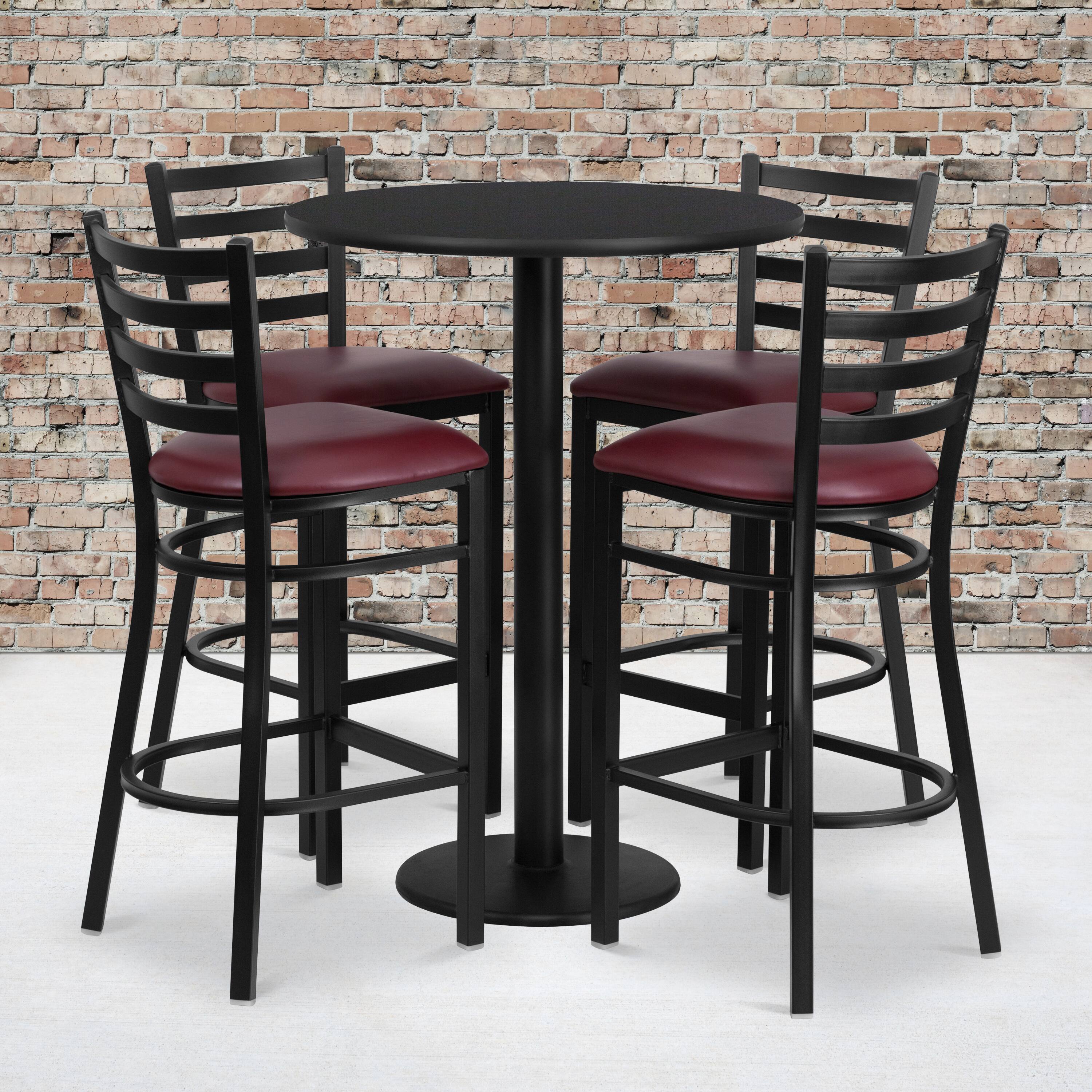 Angle. Flash Furniture - Jamie 30'' Round Black Laminate Table Set with Round Base and 4 Ladder Back Metal Barstools - Burgundy Vinyl Seat - Burgundy.