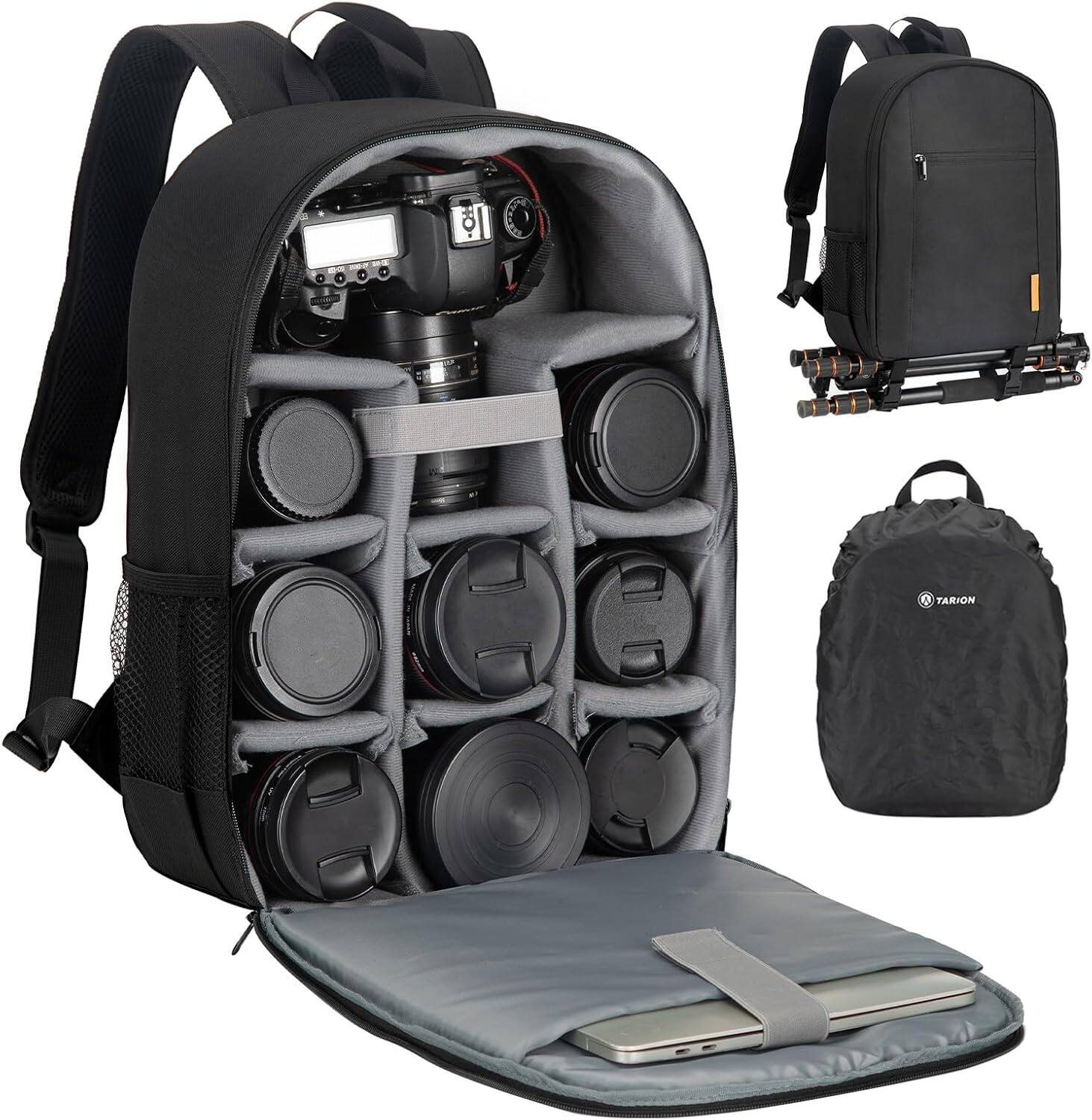 TARION - Small Camera Backpack Bag Professional DSLR Camera Bag with 14" Laptop Compartment & Waterproof Rain Cover TBM - Black