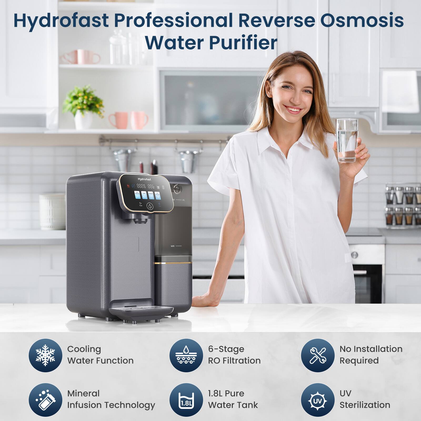 Hydrofast Professional Reverse Osmosis Water Purifier Hydrotent E 1

- Cooling Water Function
- 6-Stage RO Filtration
- No Installation Required
- Mineral Infusion Technology
- 1.8L Pure Water Tank
- UV Sterilization