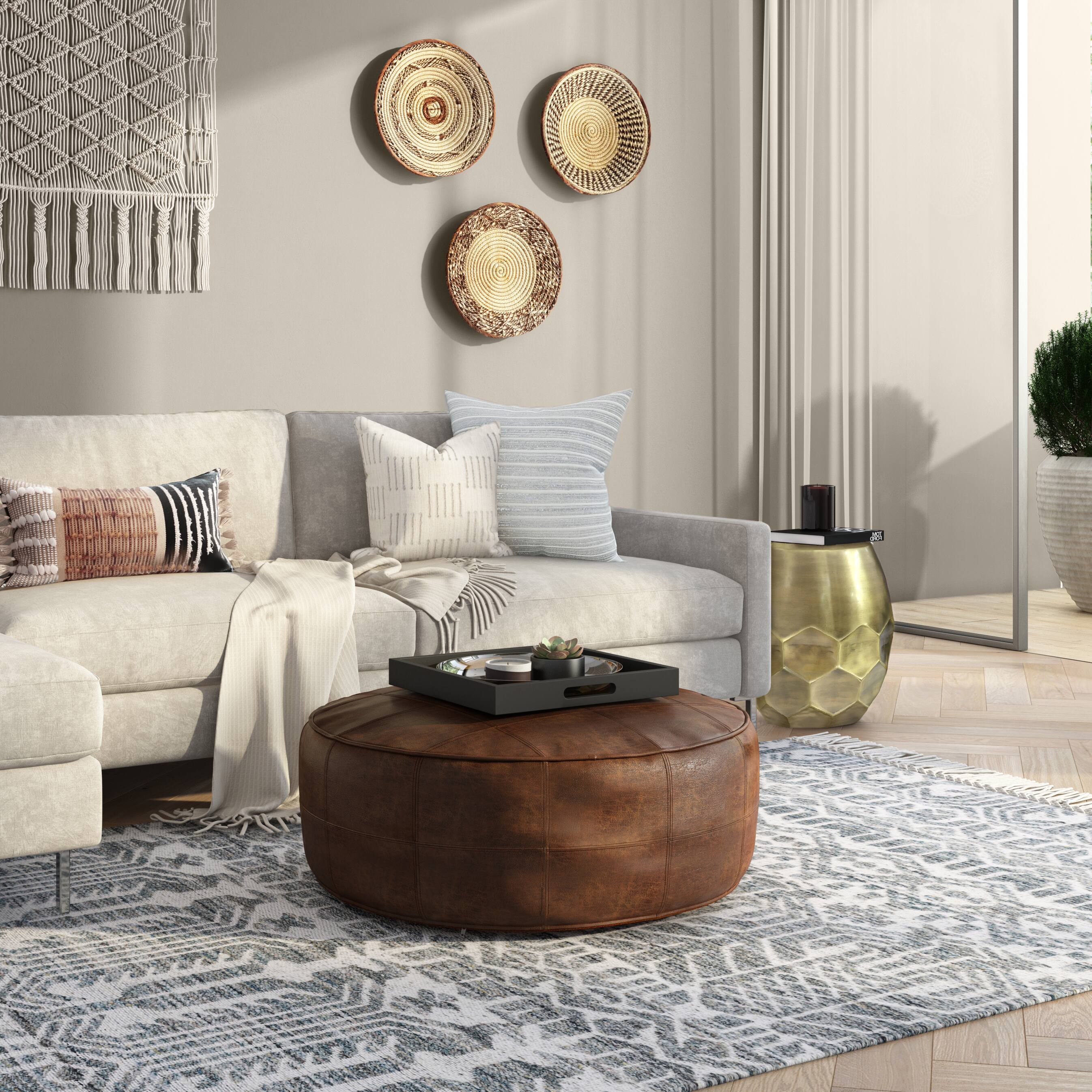 Angle. Simpli Home - Simpli Home Connor 34 inch Wide Round Coffee Table Pouf in Distressed Brown Genuine Leather - Distressed Brown.