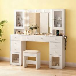 Dyonery - modern multi-functional dressing table, equipped with drawers, dust-proof glass cabinets with fill lights - White