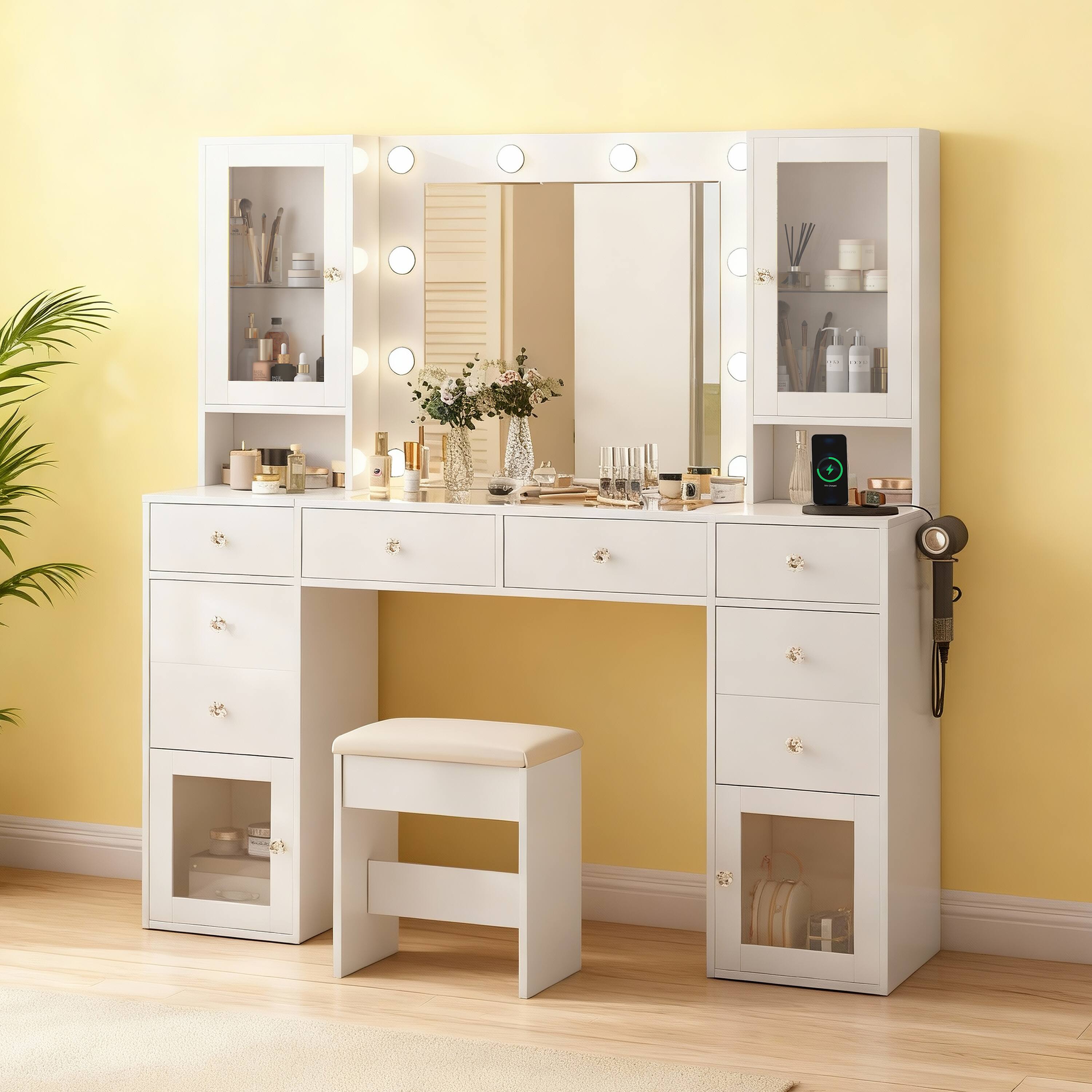 Dyonery - modern multi-functional dressing table, equipped with drawers, dust-proof glass cabinets with fill lights - White