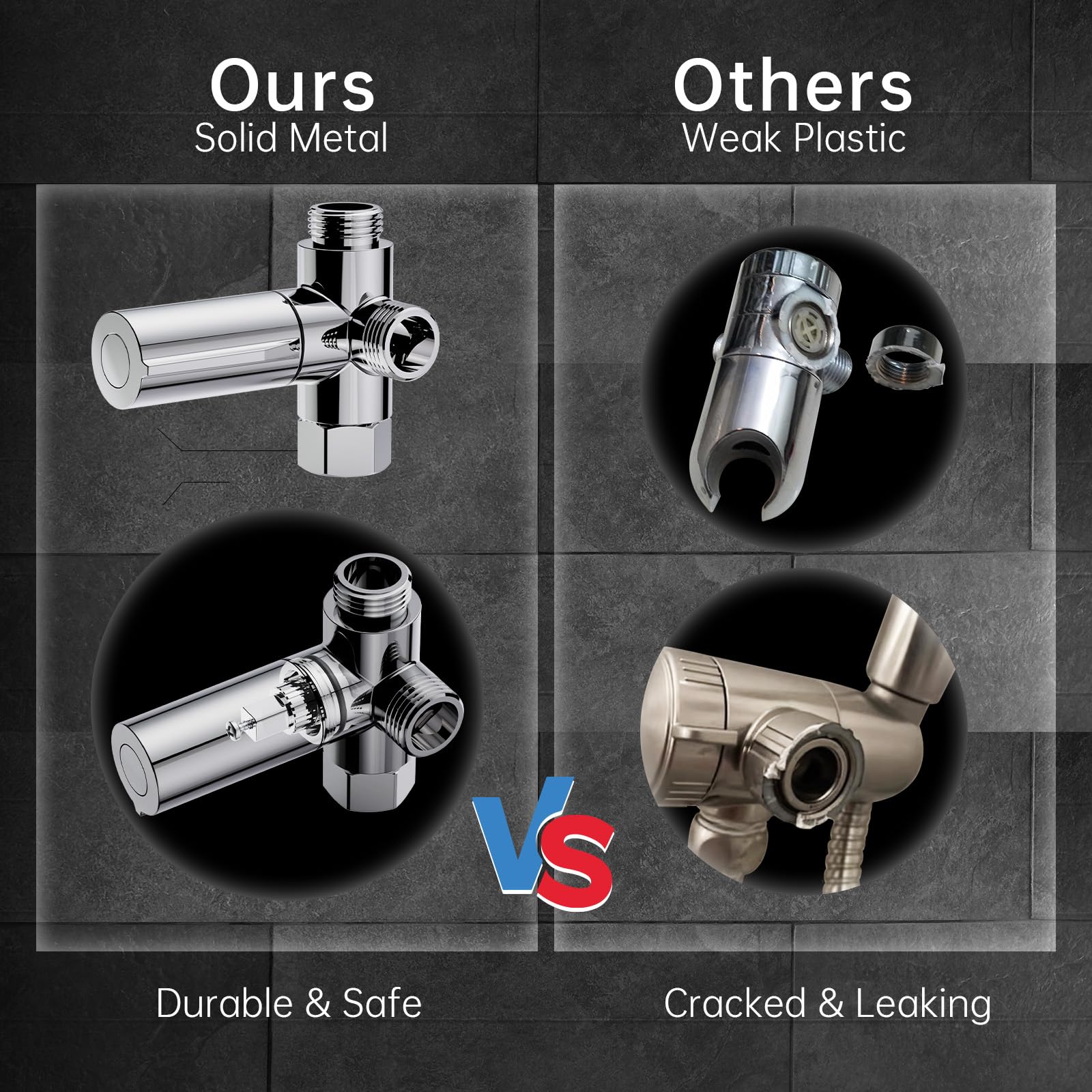 Ours  
Solid Metal  

Others  
Weak Plastic  

Durable & Safe  

Cracked & Leaking