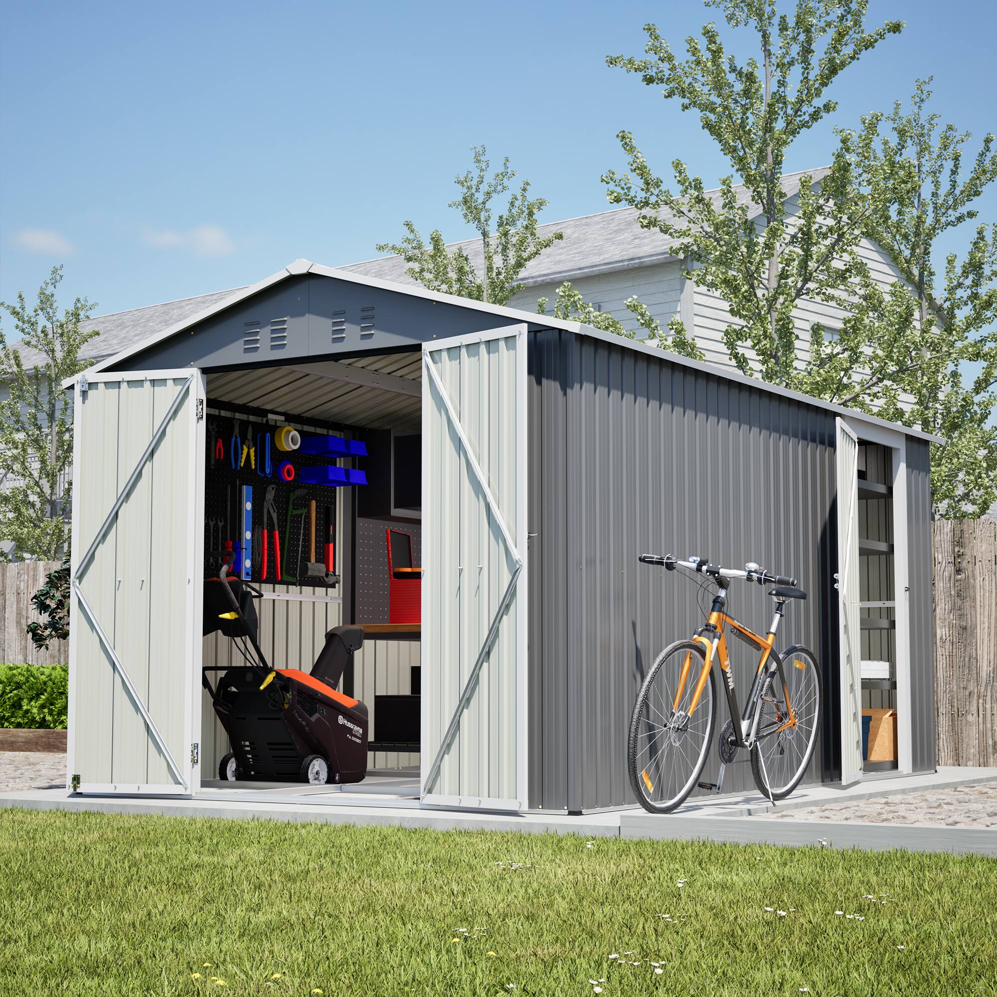 Left. Lirago - 8x12 FT Outdoor Storage Shed All-Weather Metal Shed with Lockable Doors - Gray.
