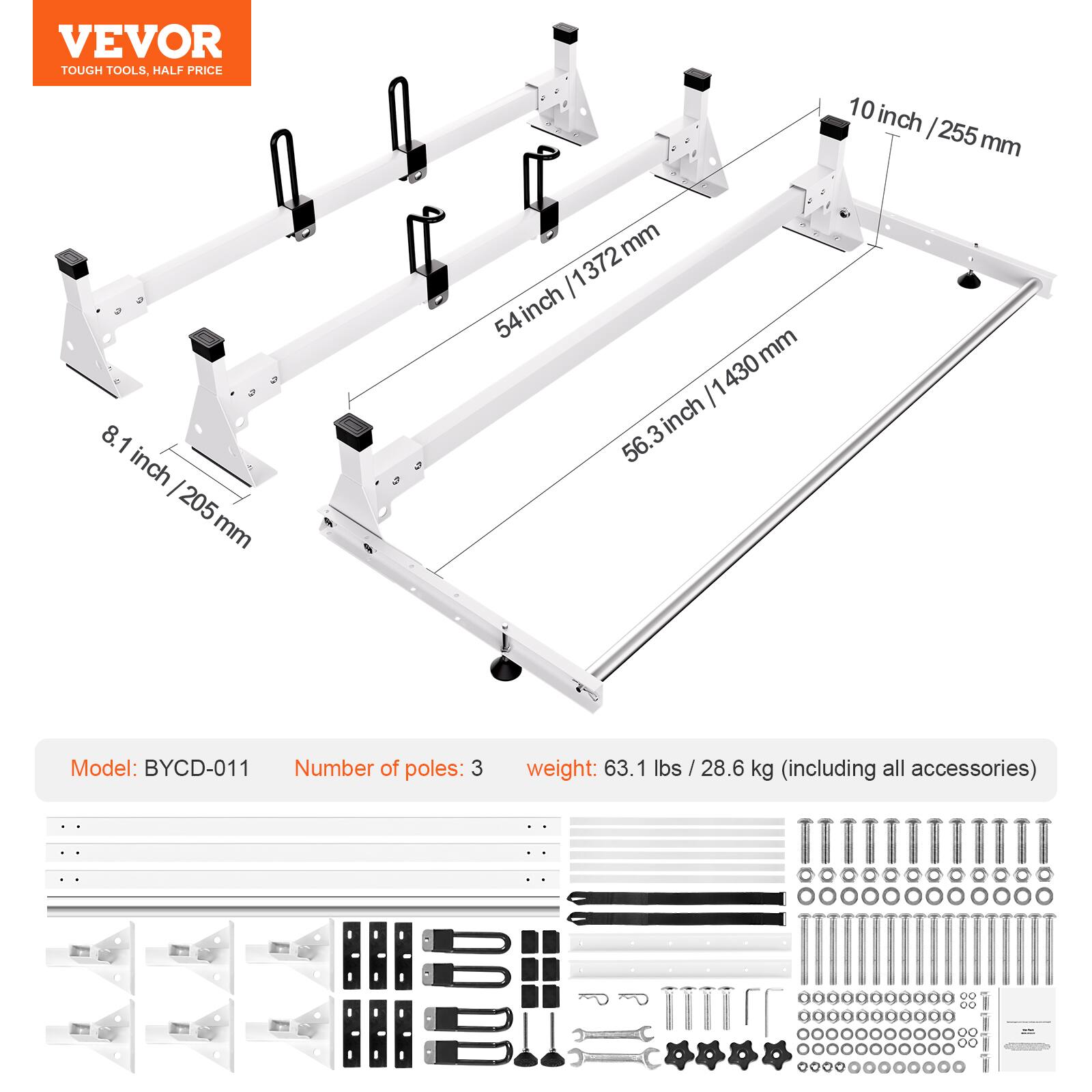 VEVOR TOUGH TOOLS, HALF PRICE

8.1 inch / 205 mm
10 inch / 255 mm
54 inch / 1372 mm
56.3 inch / 1430 mm

Model: BYCD-011
Number of poles: 3
Weight: 63.1 lbs / 28.6 kg (including all accessories)