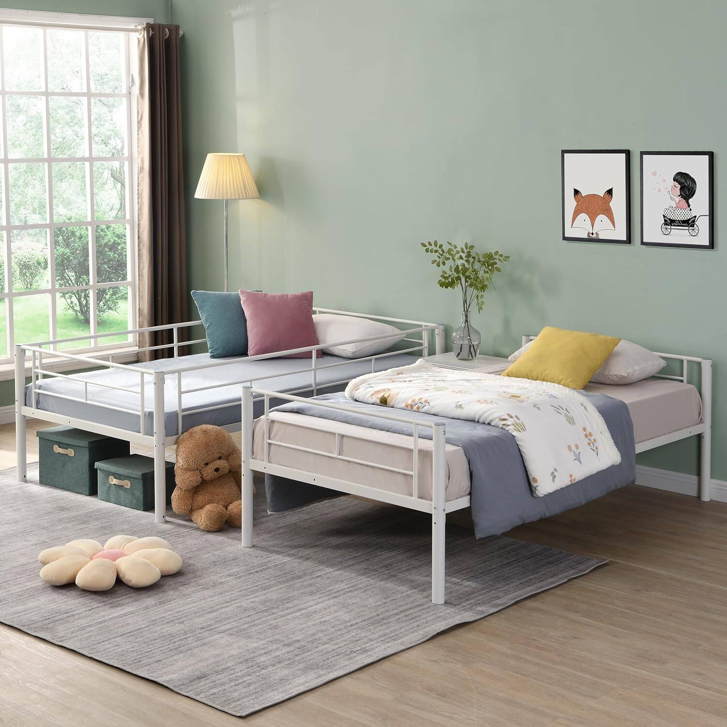 Alt View 4. Trinkets Crazed - Twin Over Twin Size Metal Detachable Bunk Bed Frame with 2 Side Ladder and Guardrail - white.