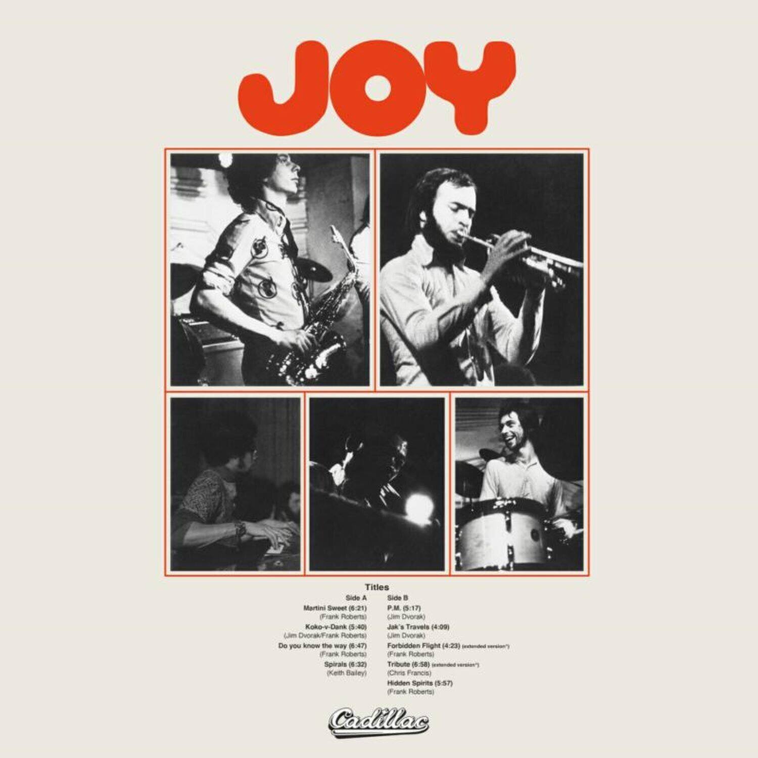 **JOY**

**Titles**

**Side A**

- Martini Sweet (6:21)
- Koko-Dank (4:40)
- Jim Dvorak/Frank Roberts
- Do you know the way (4:47)
- Forbidden Flight (4:23)
- Spirals (6:32)
- Tribute (6:58)
- Keith Baley
- Chris Francis
- Hidden Spirits (5:57)
- (Frank Roberts)

**Side B**

- P.M. (5:17)
- Jim's Travels (4:00)
- (Jim Dvorak)
- Forbidden Flight (4:23) (extended version)
- Tribute (6:58) (extended version)
- Hidden Spirits (5:57)
- (Frank Roberts)

**Cadillac**