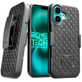 RomeTech - iPhone 16 Plus Holster & Kickstand Case - 3-Pack Glass Screen Protector - Black