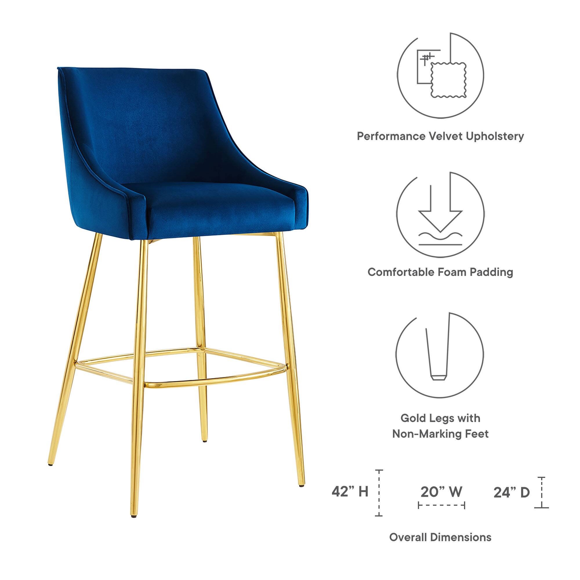 Performance Velvet Upholstery  
Comfortable Foam Padding  
Gold Legs with Non-Marking Feet  

Overall Dimensions:  
42" H x 20" W x 24" D