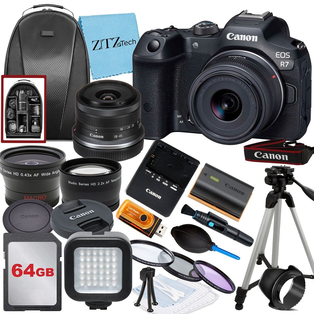 Canon - EOS R7 Mirrorless Camera with 18-45mm Lens + 64GB Card + Tripod + ZeeTech Bundle - Black