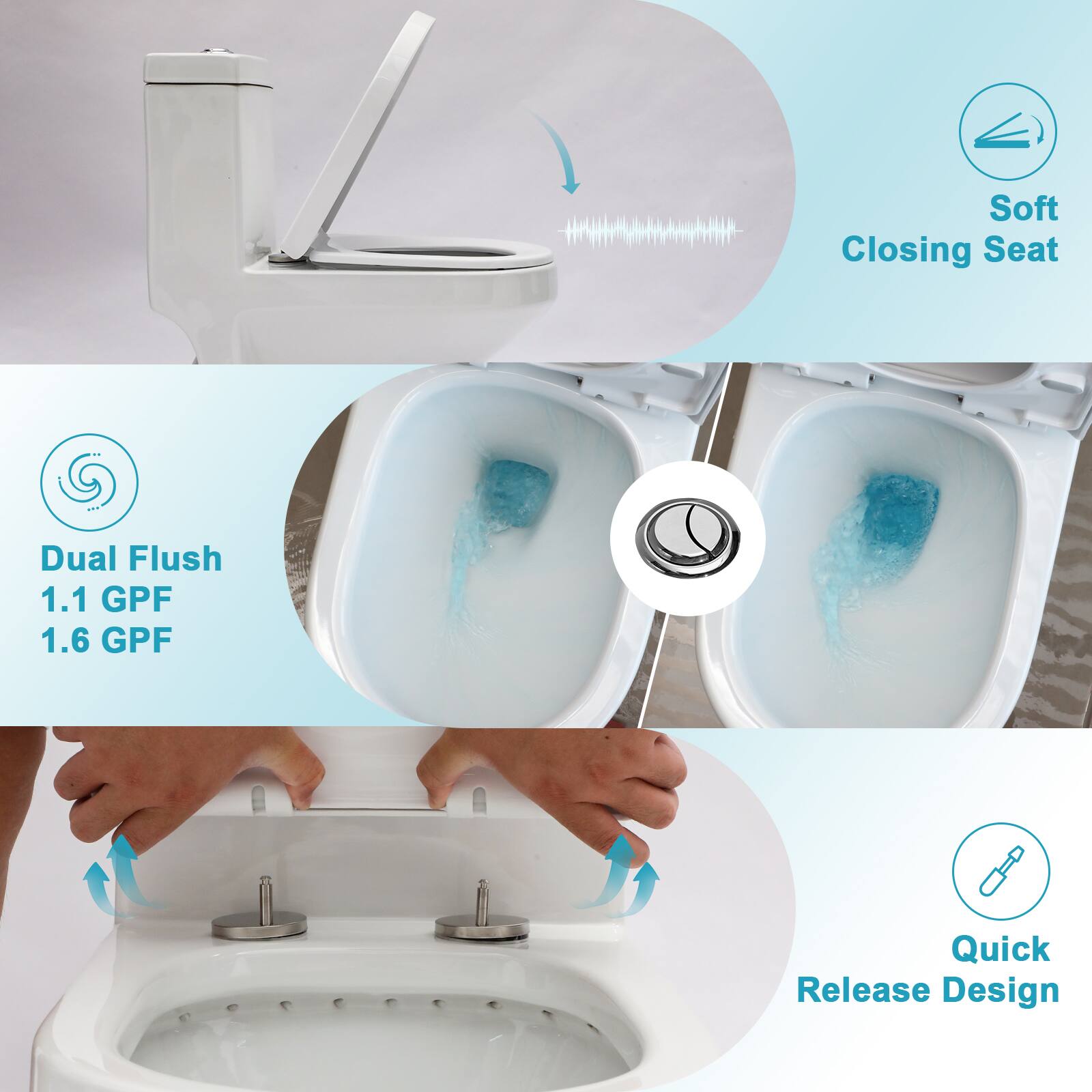 - Soft Closing Seat
- Dual Flush
  - 1.1 GPF
  - 1.6 GPF
- Quick Release Design