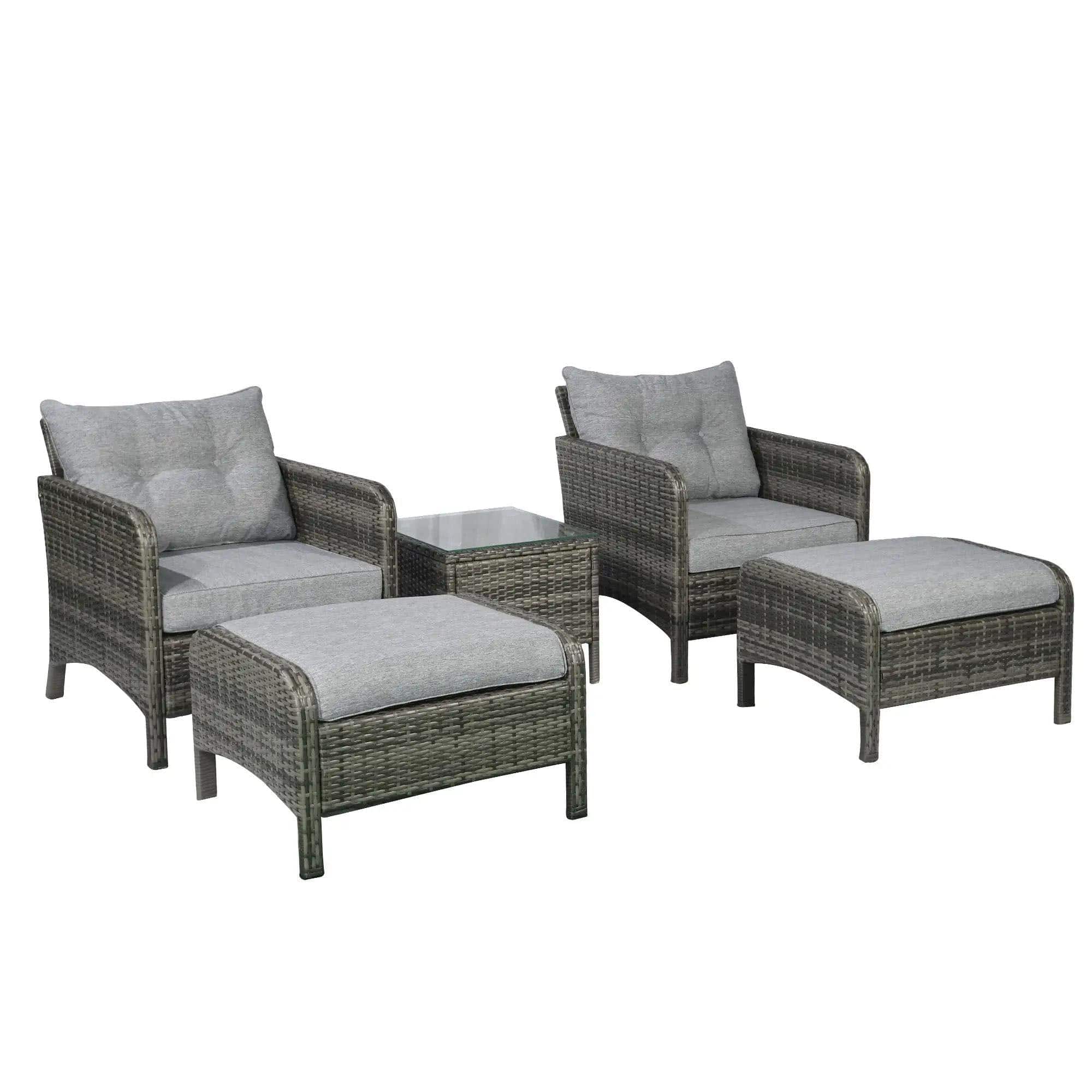 Resenkos - 5 Pieces Wicker Lounge Chair Outdoor Patio Conversation Set, PE Rattan - Gray