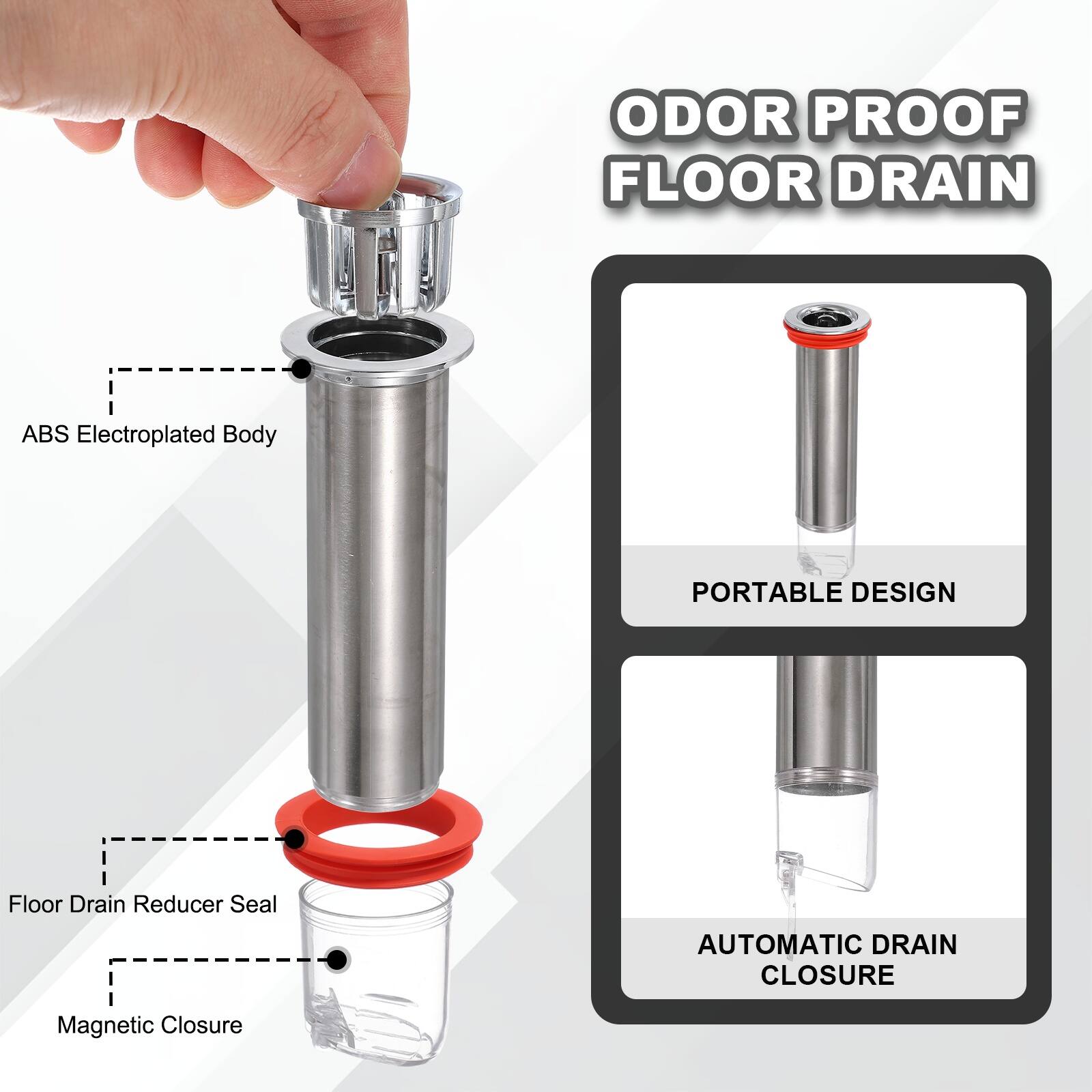ODOR PROOF FLOOR DRAIN  
ABS Electroplated Body  
PORTABLE DESIGN  
Floor Drain Reducer Seal  
AUTOMATIC DRAIN CLOSURE  
Magnetic Closure