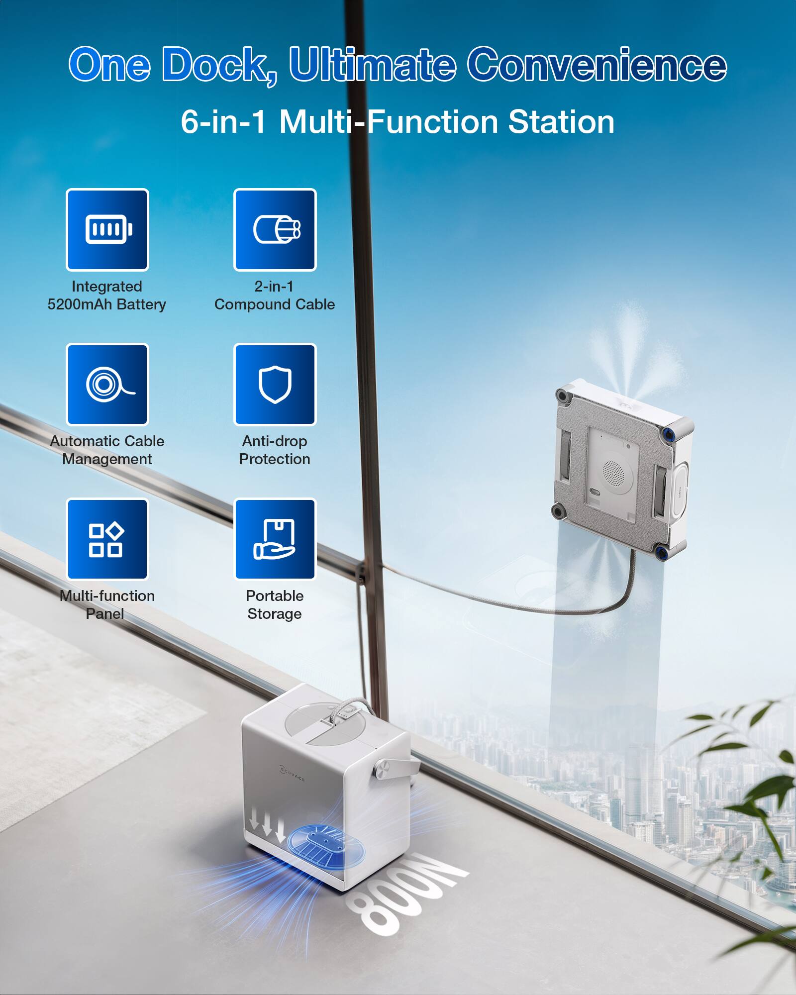 One Dock, Ultimate Convenience  
6-in-1 Multi-Function Station  
Integrated 5200mAh Battery  
2-in-1 Compound Cable  
Automatic Cable Management  
Anti-drop Protection  
Multi-function Panel  
Portable Storage