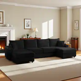 Meqiodas - Corduroy L-Shaped Sectional Sofa with Ottoman, Comfy Cloud Couch with Charger, Cup Holders & Armrest Storage - Black(4+2)