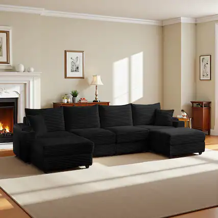 Front. Meqiodas - Corduroy L-Shaped Sectional Sofa with Ottoman, Comfy Cloud Couch with Charger, Cup Holders & Armrest Storage - Black(4+2).