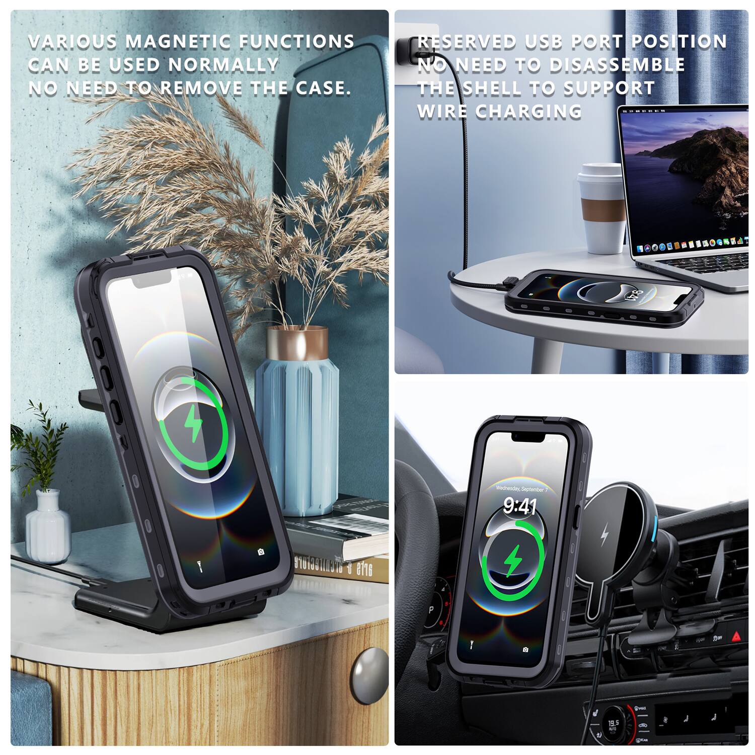 VARIOUS MAGNETIC FUNCTIONS CAN BE USED NORMALLY NO NEED TO REMOVE THE CASE. RESERVED USB PORT POSITION NO NEED TO DISASSEMBLE THE SHELL TO SUPPORT WIRE CHARGING