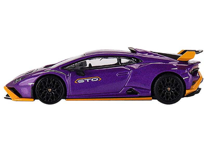 Angle. Mini GT - Lamborghini Huracan STO Viola Pasifae Purple Metallic Limited Edition 1/64 Diecast Model Car by Mini GT - Purple Metallic.