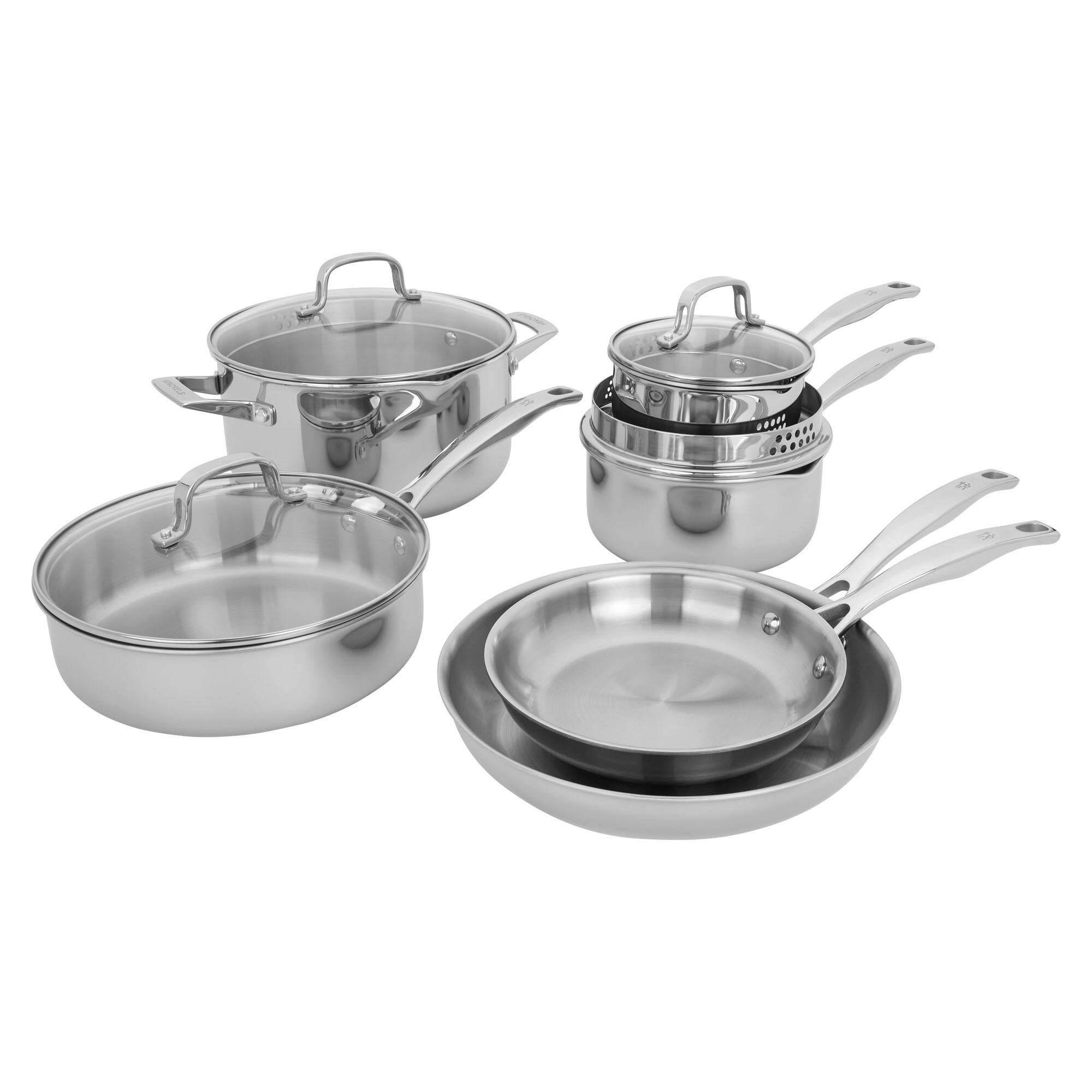 The image shows a set of stainless steel cookware, including a pot with a lid, a pan with a lid, a frying pan, and a steamer insert.