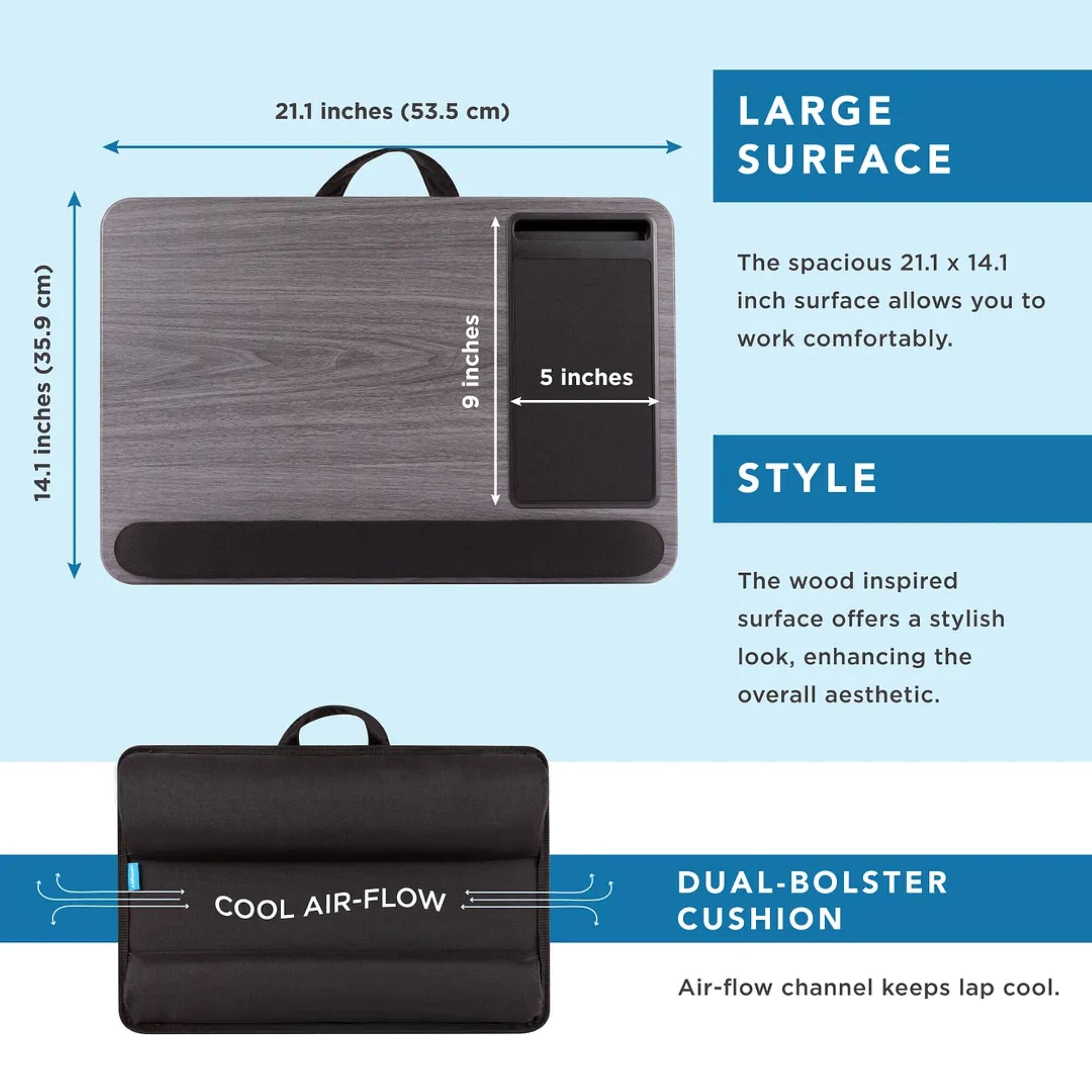 The image features a laptop case with a wooden surface, which is described as having a stylish look and enhancing the overall aesthetic. The case is also described as having a spacious 21.1 x 14.1 inch surface that allows for comfortable work. Additionally, the case is equipped with a cool air-flow dual-bolster cushion that keeps the lap cool.