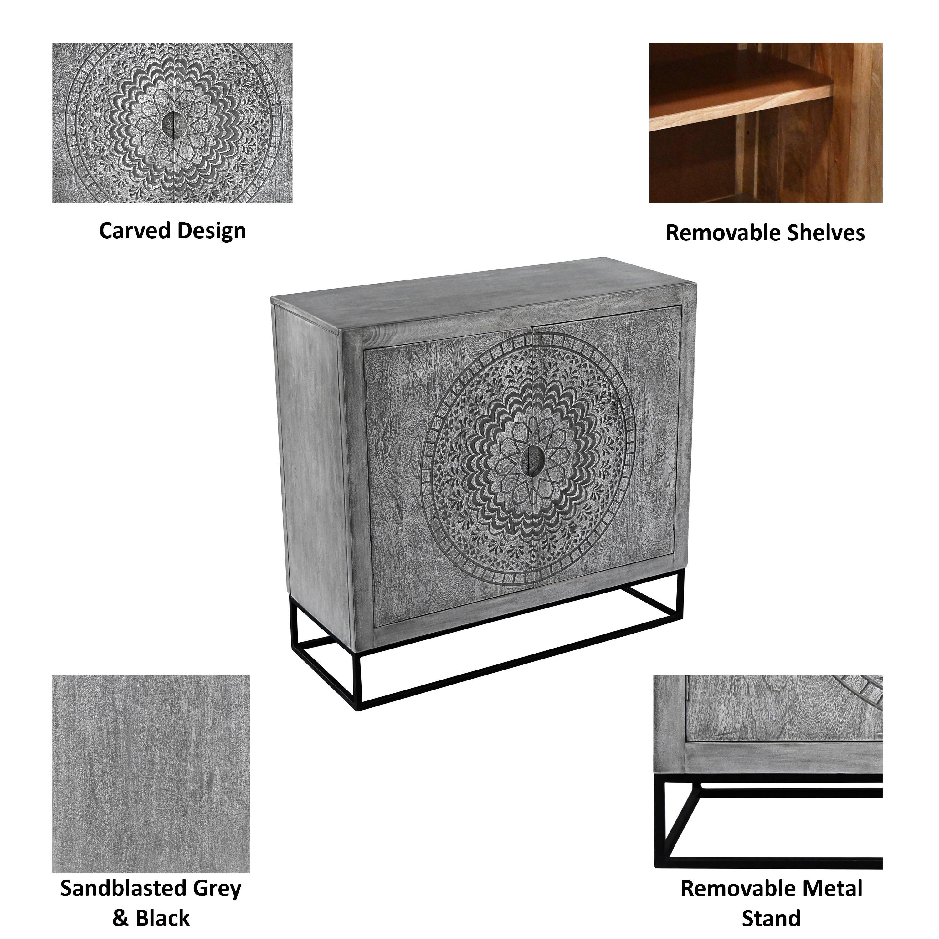 Carved Design, Removable Shelves, Sandblasted Grey & Black, Removable Metal Stand
