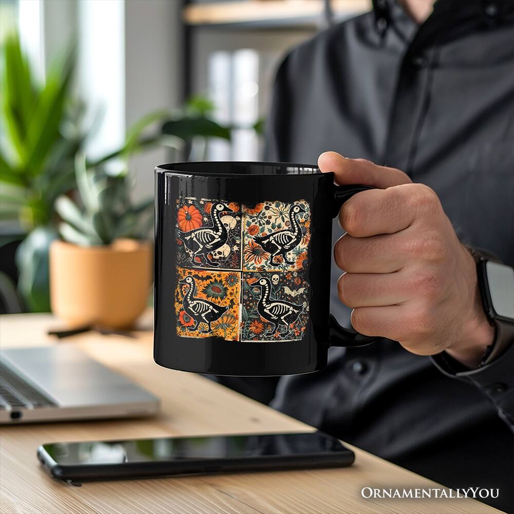 Left. OrnamentallyYou - Skeleton Goose Patchwork Mug, Floral Halloween Gift - Black.