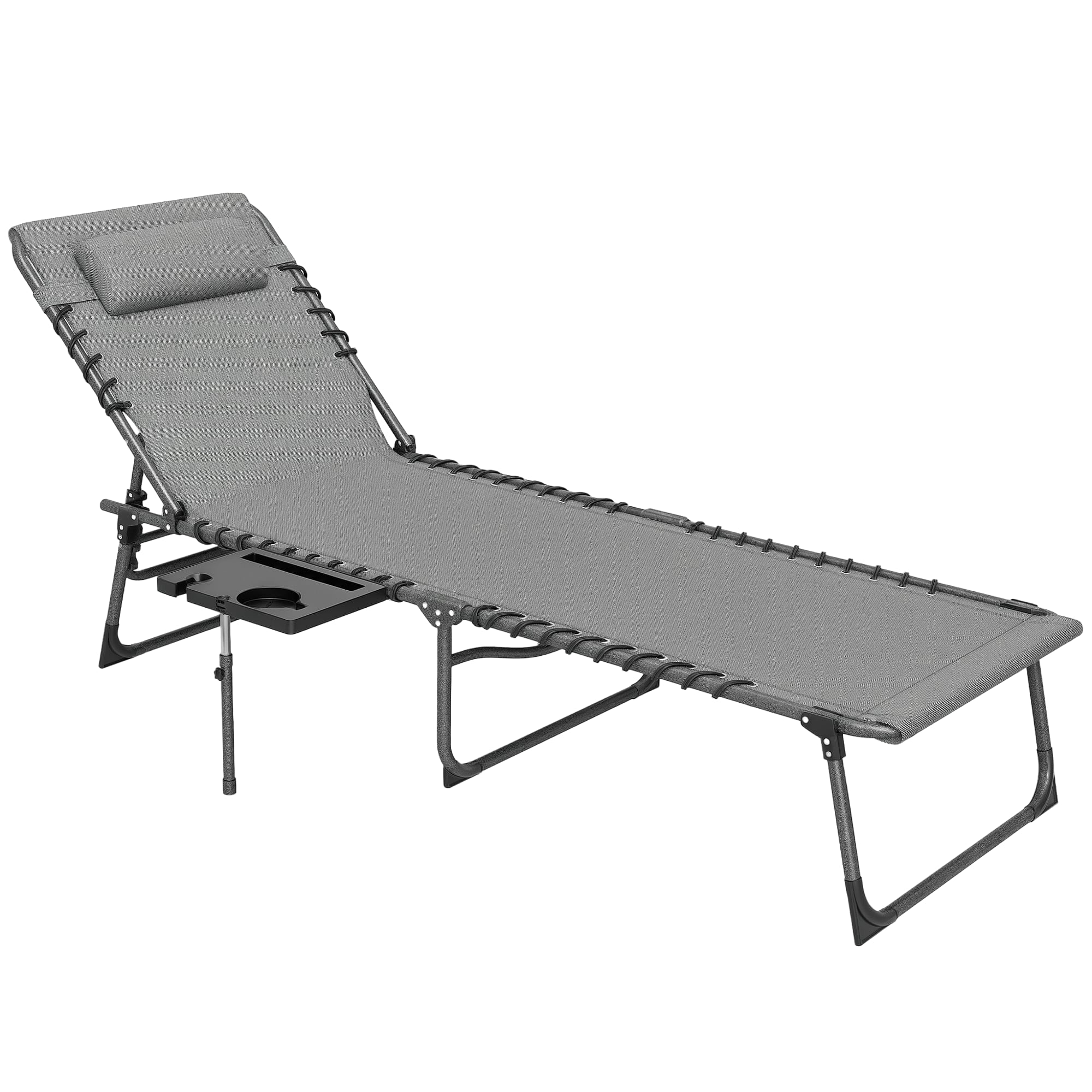 Outsunny - Folding Chaise Lounge Chair Outdoor Tanning Chair with Side Table, 5-Level Adjustable Beach Lounge Chair with Headrest - Gray