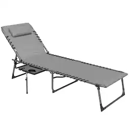 Outsunny - Folding Chaise Lounge Chair Outdoor Tanning Chair with Side Table, 5-Level Adjustable Beach Lounge Chair with Headrest - Gray