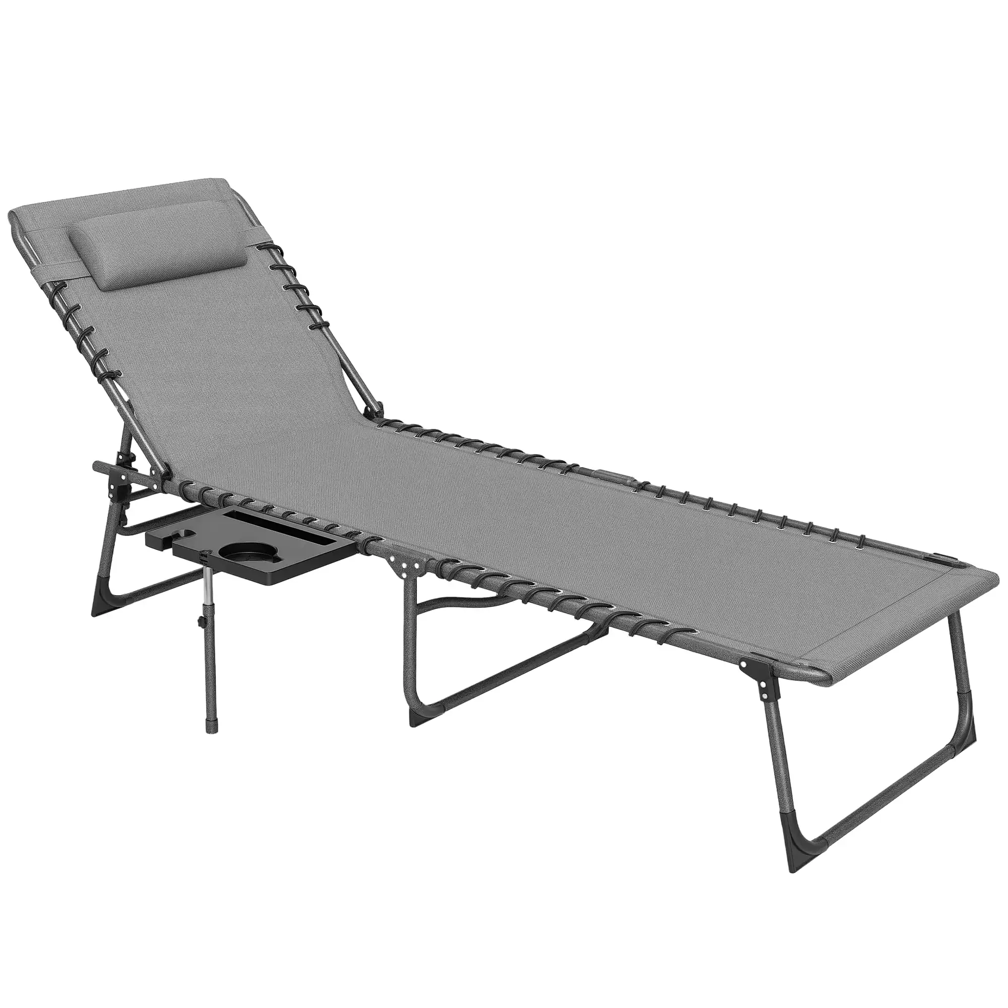 Front. Outsunny - Folding Chaise Lounge Chair Outdoor Tanning Chair with Side Table, 5-Level Adjustable Beach Lounge Chair with Headrest - Gray.