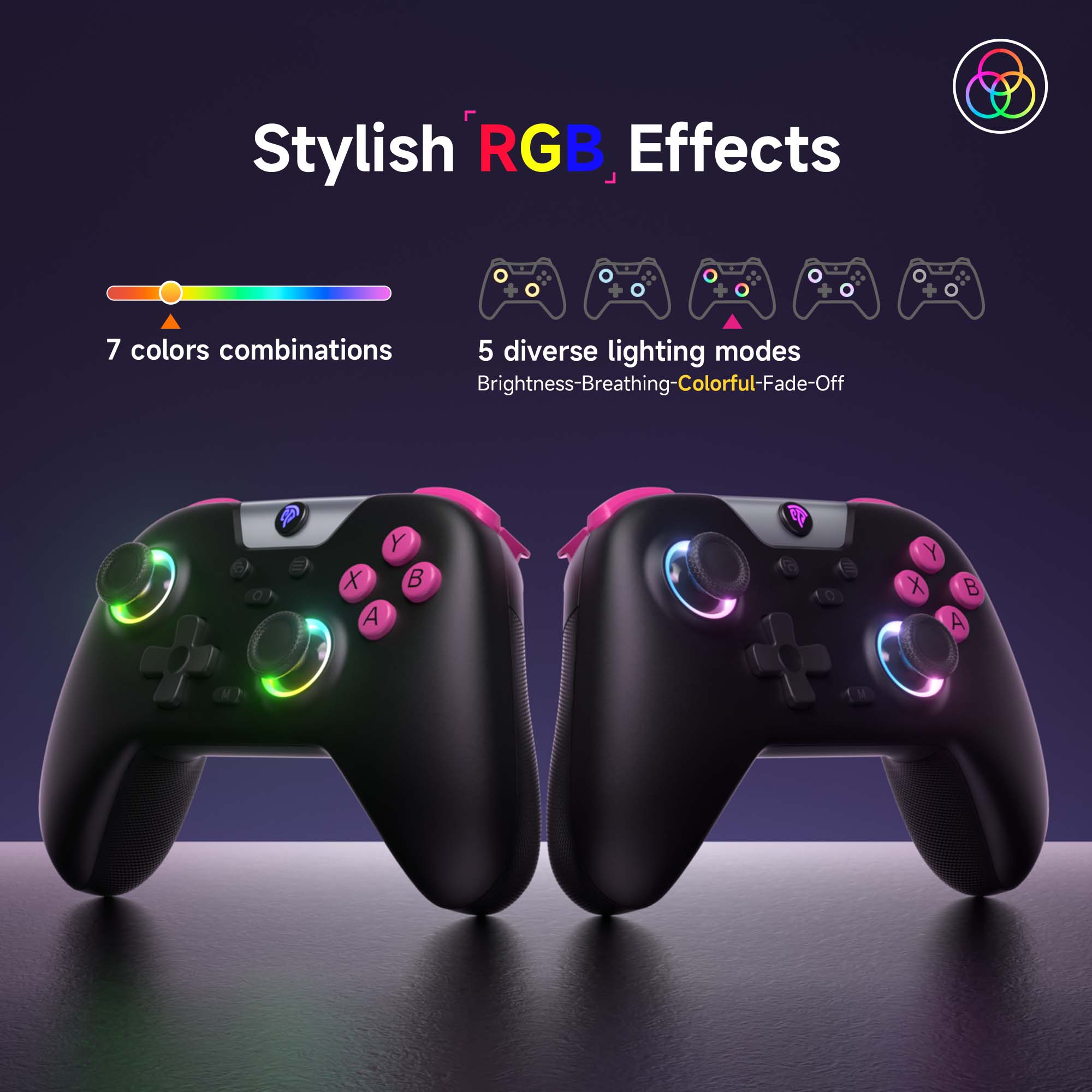 Stylish RGB Effects, 7 colors combinations, 5 diverse lighting modes, Brightness-Breathing-Colorful-Fade-Off, O, R, E, X, A, Y, B, up, e, O, Y, X, B, A, M, M.