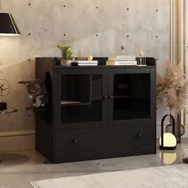 Famapy - Luxury Black Cat Cabinet with Hidden Litter Box, Climbing Shelves & Storage – Modern Multi-Functional Cat Furniture