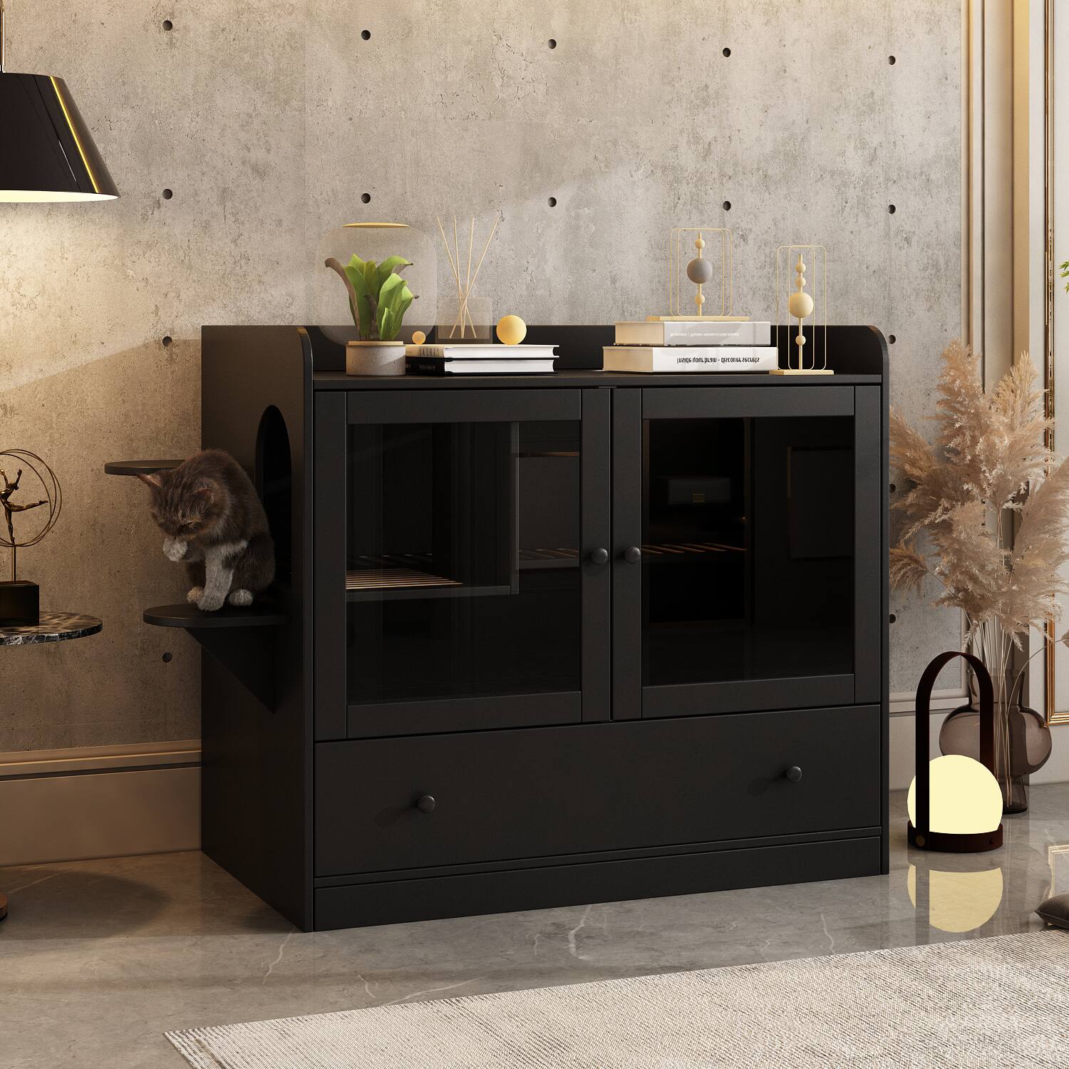 Front. Famapy - Luxury Black Cat Cabinet with Hidden Litter Box, Climbing Shelves & Storage – Modern Multi-Functional Cat Furniture.
