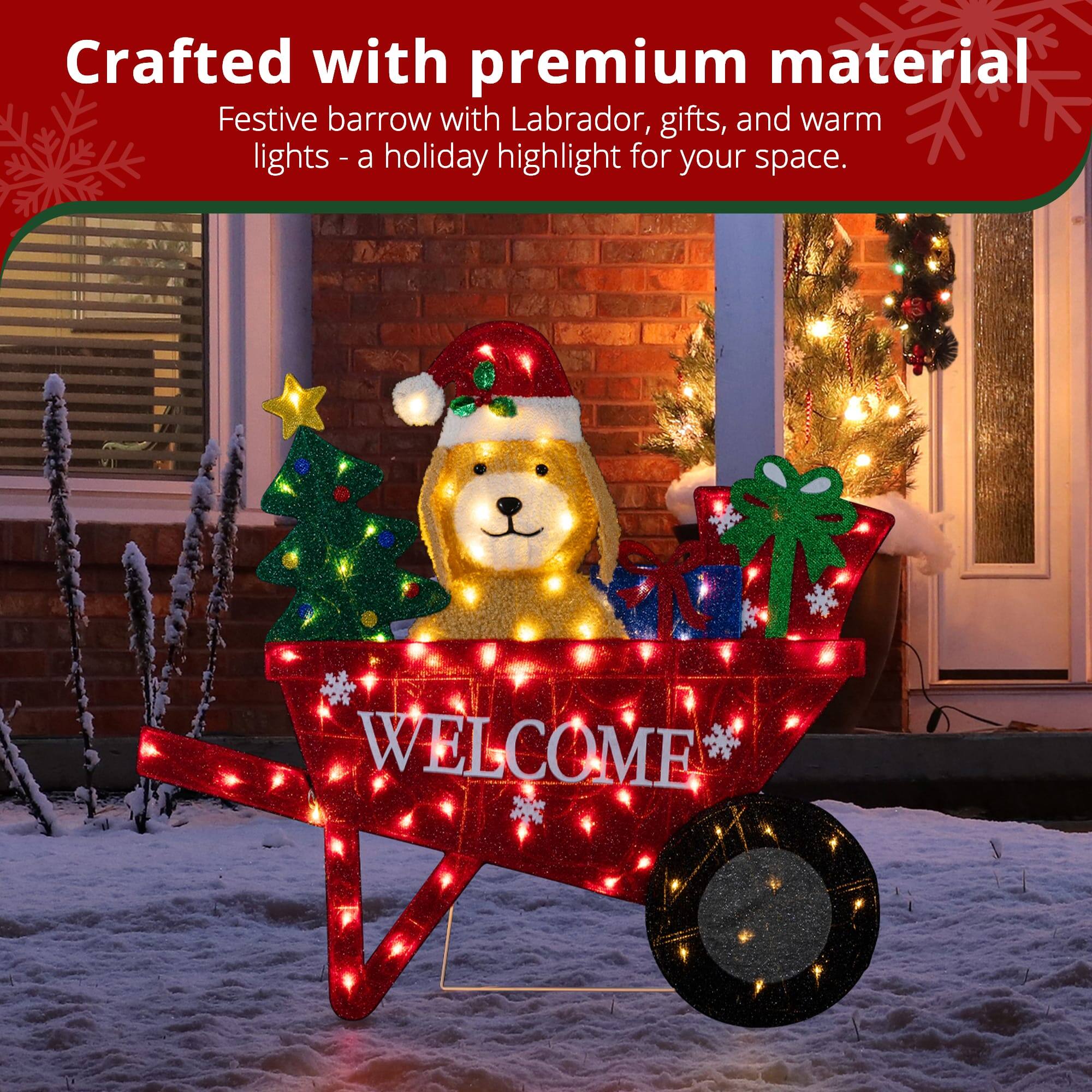 Crafted with premium material  
Festive barrow with Labrador, gifts, and warm lights - a holiday highlight for your space.  
WELCOME