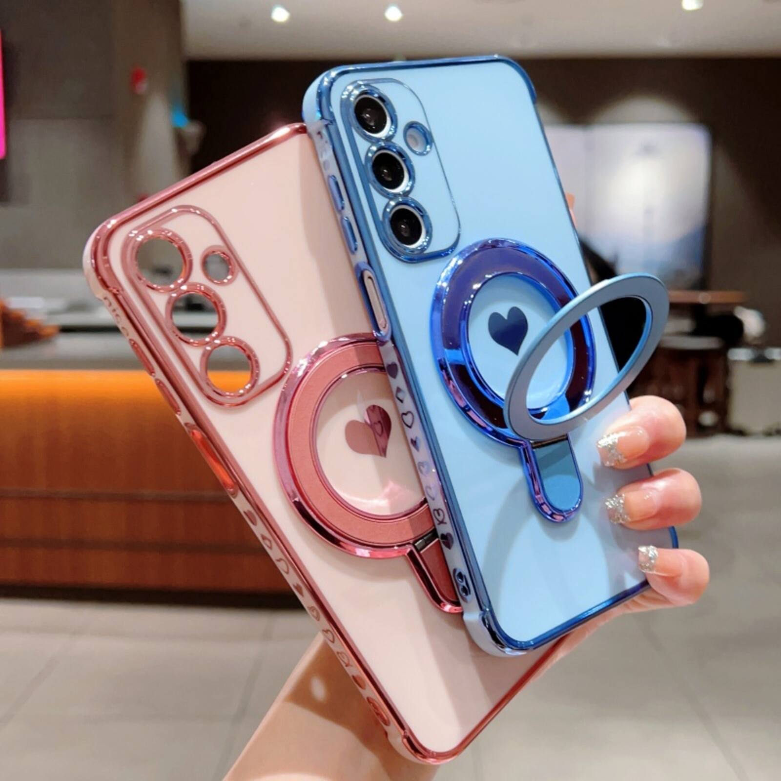 Alt View 7. UUCOVER - Magnetic Ring Kickstand Case for Samsung Galaxy A16 5G/4G Compatible with MagSafe, Electroplated Heart Pattern TPU Cover - Rose.