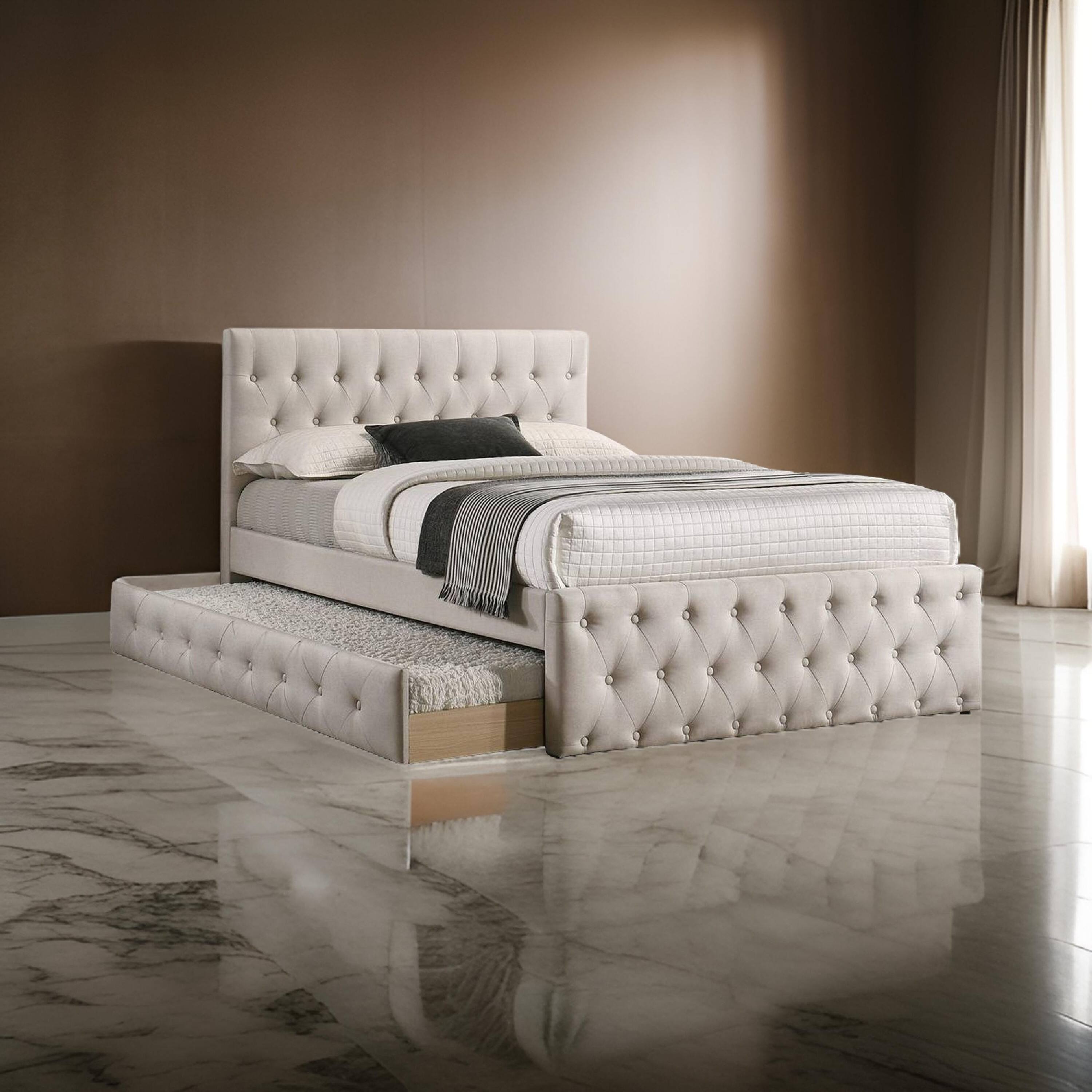 Alt View 5. Manhattan Lane - Nek Wood Full Size Upholstered Bed with Twin Trundle, Taupe Burlap Frame - Taupe.