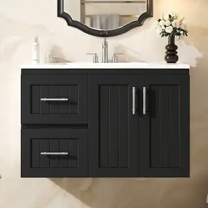 Front. Boyel Living - 36 Inch Wall Mounted Bathroom Vanity with Ceramic Sink Black - Black.