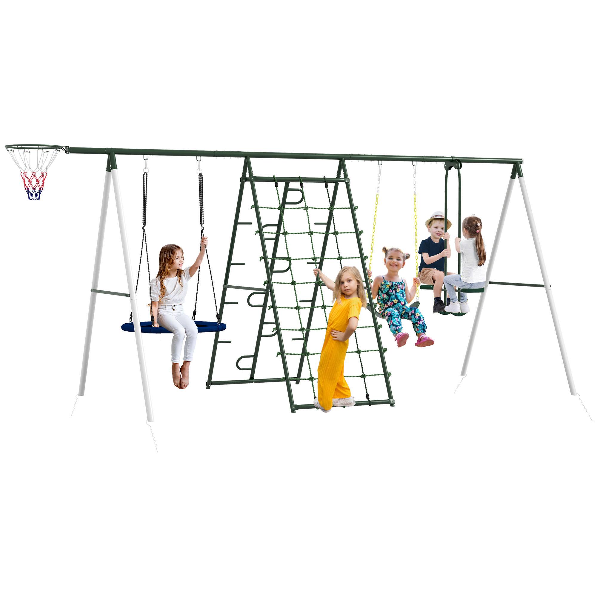 Outsunny - 5 in 1 A-Frame Stand, Outdoor Playset, Saucer Swing, Slide, Swing Seats, Glider, Basketball Hoop, Climbing Steps, Net