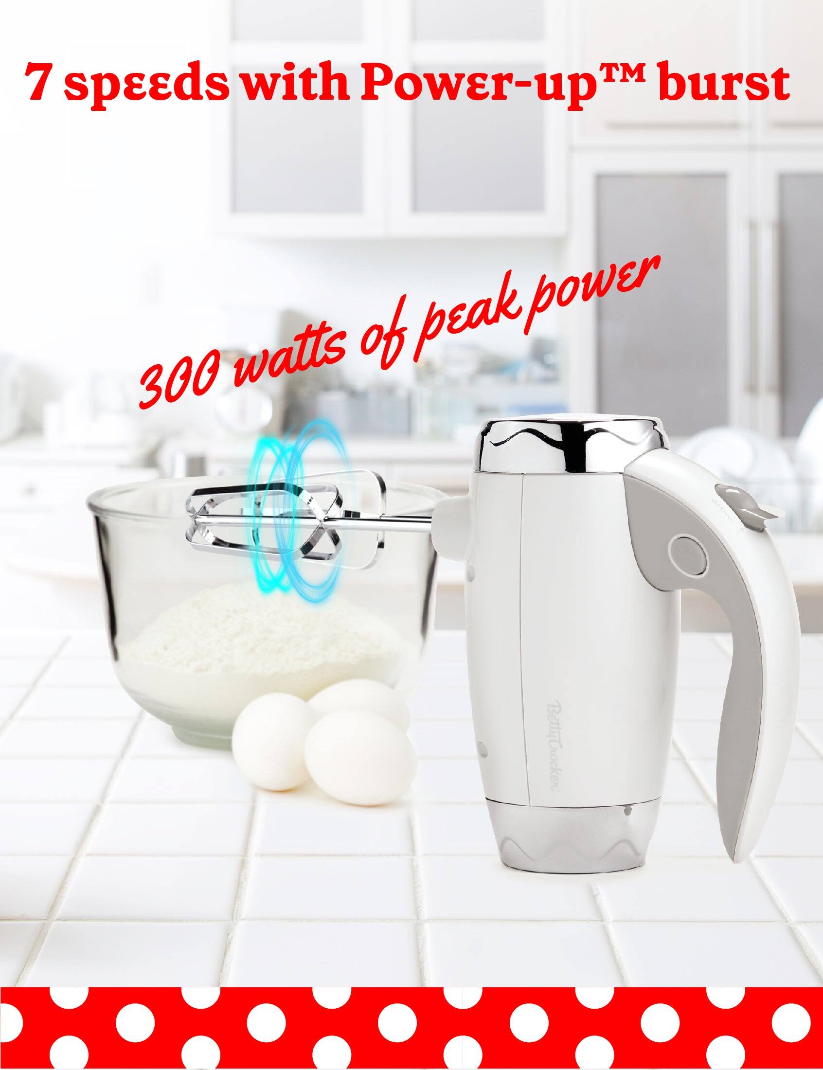 7 speeds with Power-up™ burst speeds, peak power 300 watts. Betty Crocker.