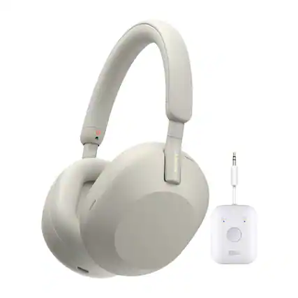 Front. Sony - Sony WH-1000XM5 Wireless Noise Canceling Over-Ear Headphones (Silver) Bundle - Silver.