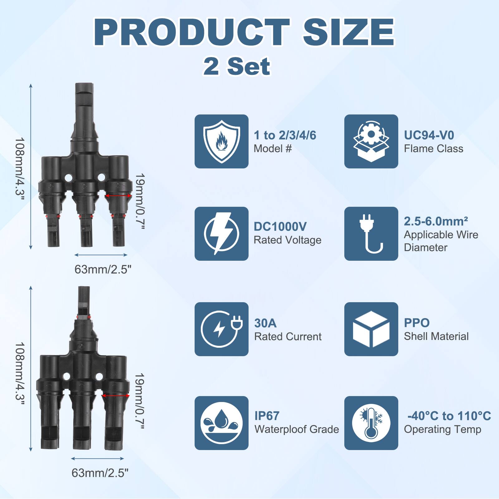 PRODUCT SIZE  
2 Set  

1 to 2/3/4/6  
Model # DC1000V  
Rated Voltage  
UC94-VO Flame Class  
2.5-6.0mm² Applicable Wire Diameter  
30A Rated Current  
IP67 Waterproof Grade  
PPO Shell Material  
-40°C to 110°C Operating Temp  

108mm/4.3"  
19mm/0.7"  
63mm/2.5"