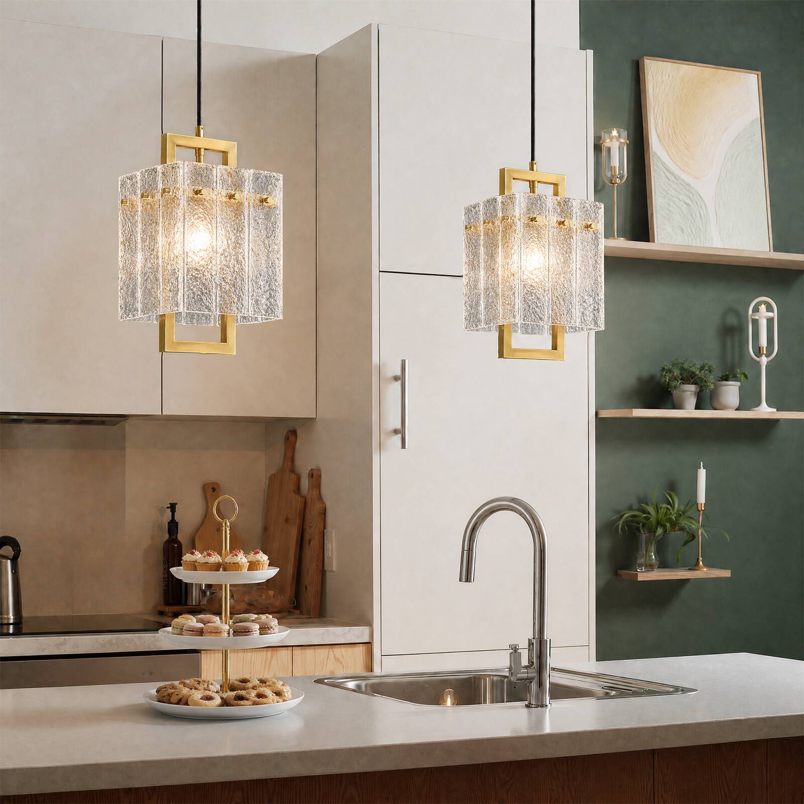 Alt View 6. Siljoy - Square Frame Cracked Glass Lampshade Pendant Light - Gold.