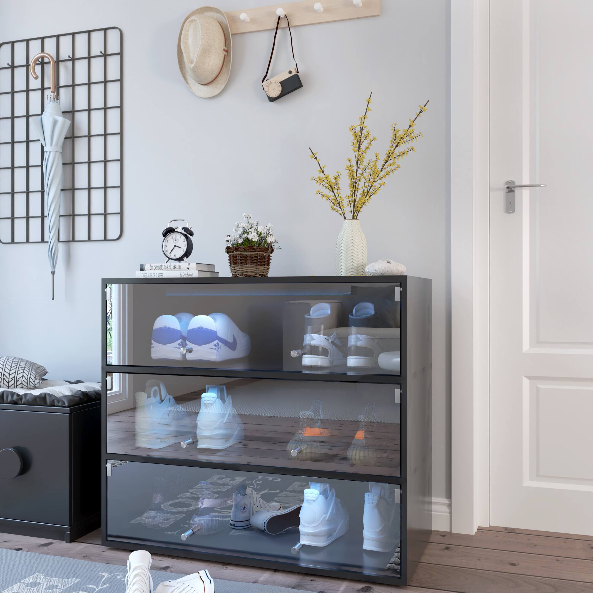 Back. Spaco - Spaco 3-layer Glass Shoe Cabinet, Modern Shoe Storage Box with RGB LED Light, Transparent Design for Closet and Entryway - Black.