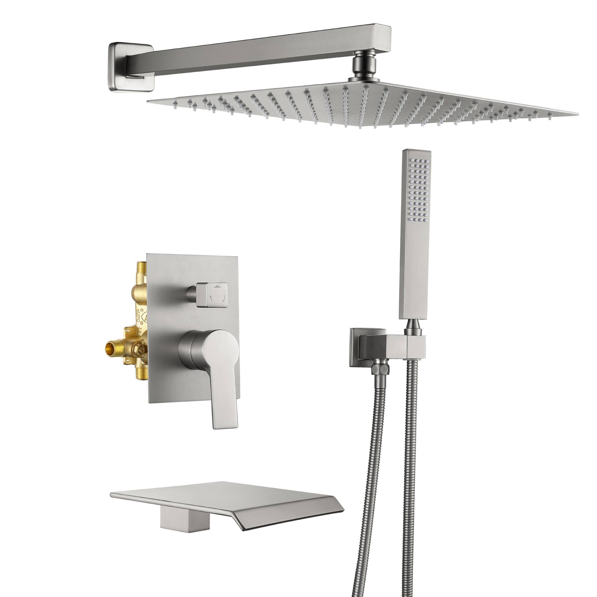 Front. Boyel Living - Brushed Nickel 12-Inch Rain Shower System Brass SUS304 3-Function Valve Waterfall Spout cUPC - Brushed Nickel.