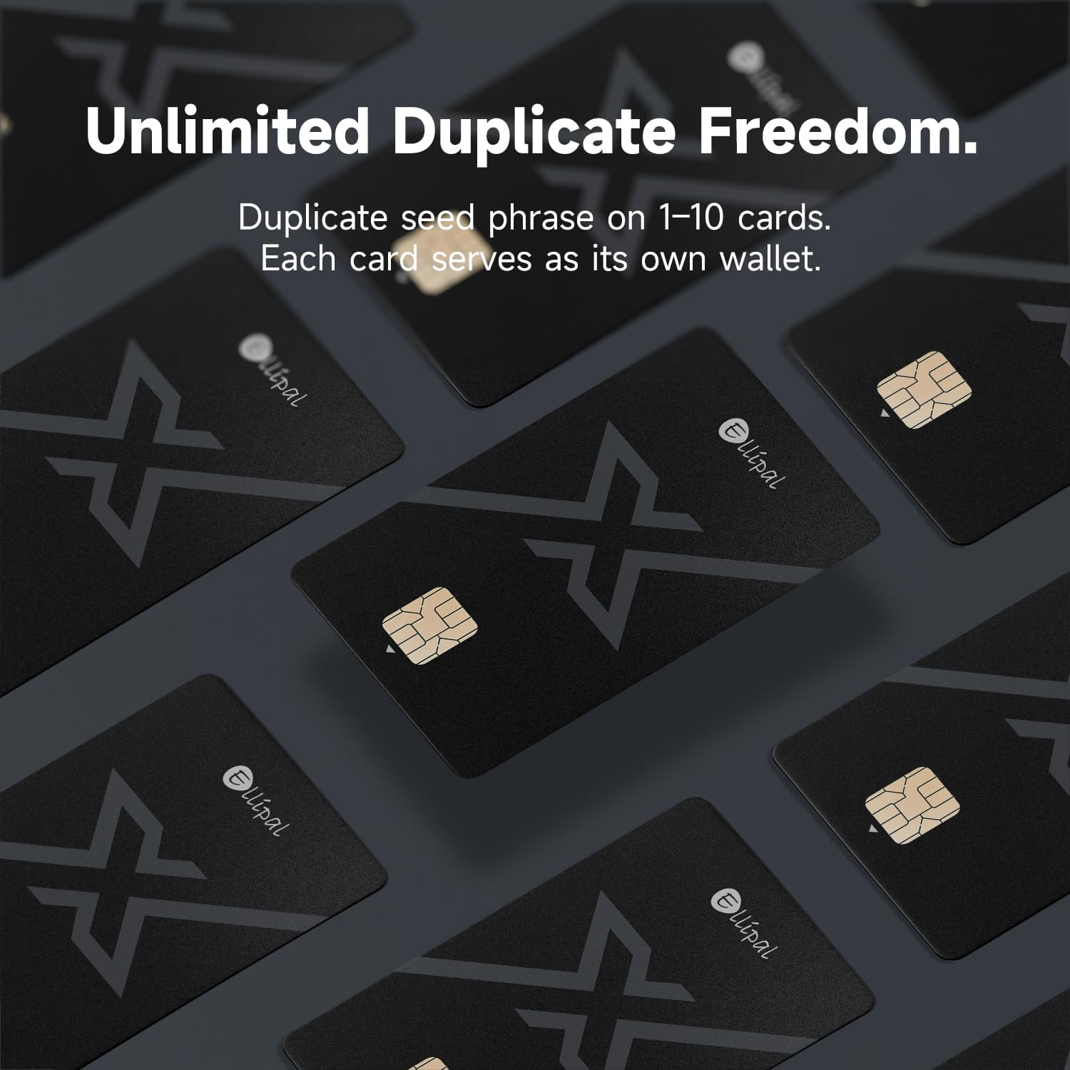 Unlimited Duplicate Freedom.  
Duplicate seed phrase on 1-10 cards.  
Each card serves as its own wallet.  

lipal  
lipal  
lipal  
lipal